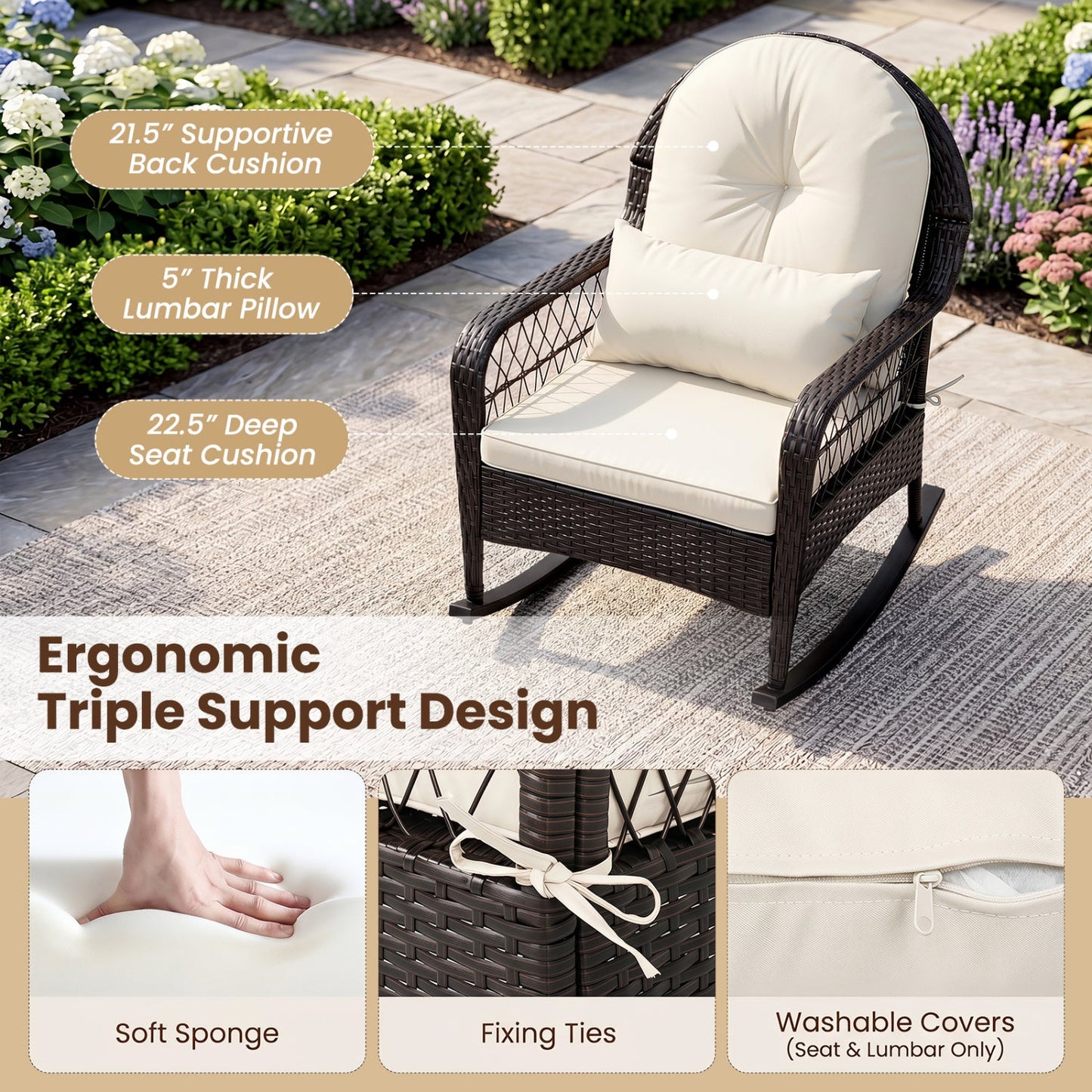 DirectDeals outdoor wicker rocking chair in dark brown with cream cushions and lumbar pillow on Tampa Home & Garden Store