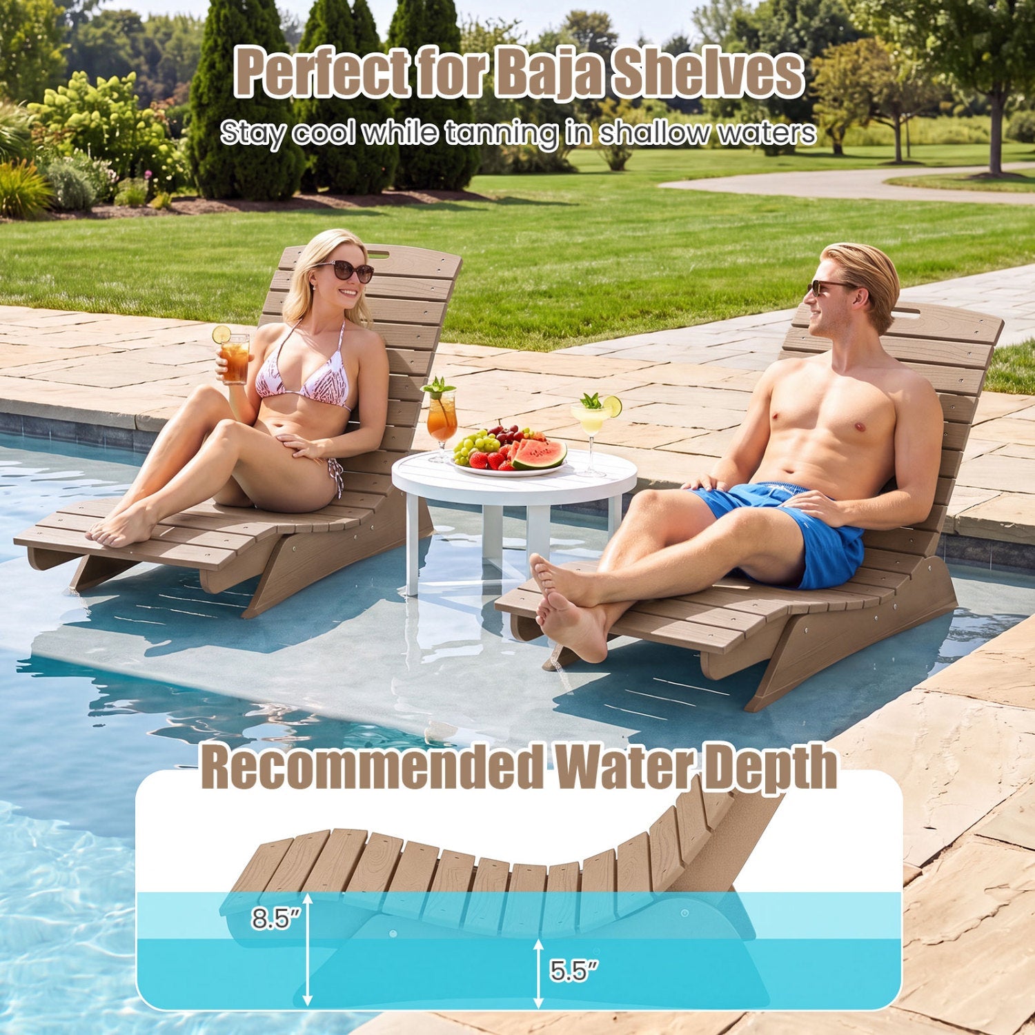 DirectDeals In-Pool Lounge Chair with Contoured Ergonomic Design, tan pool loungers and table on Tampa Home & Garden Store