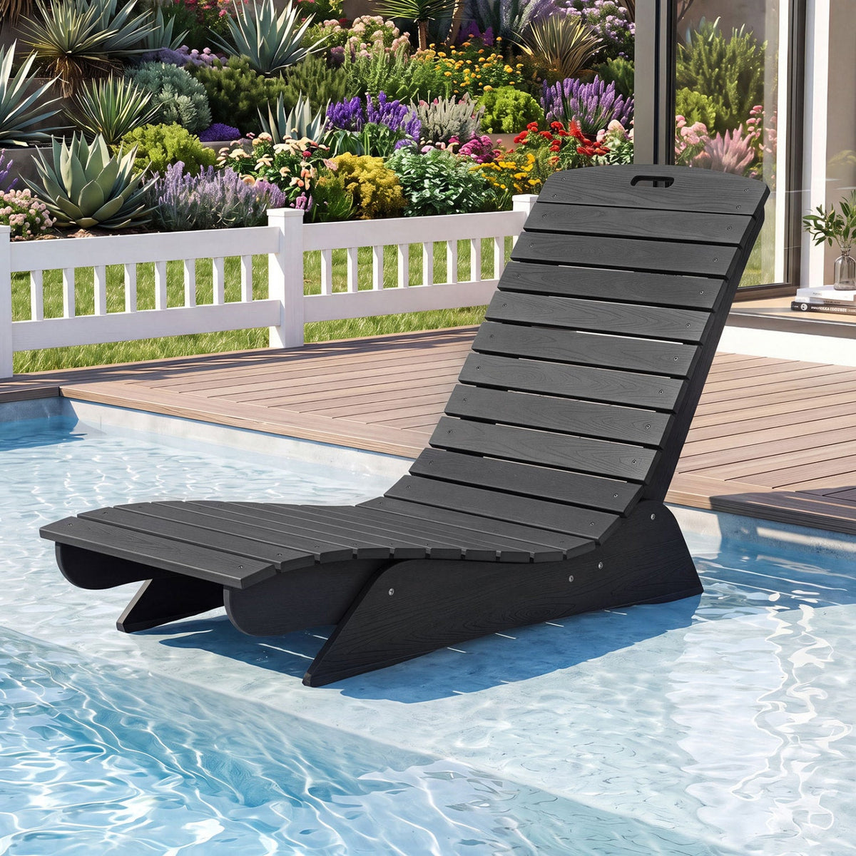 In-Pool Lounge Chair with contoured ergonomic slatted design in dark wood poolside deck on Tampa Home & Garden Store
