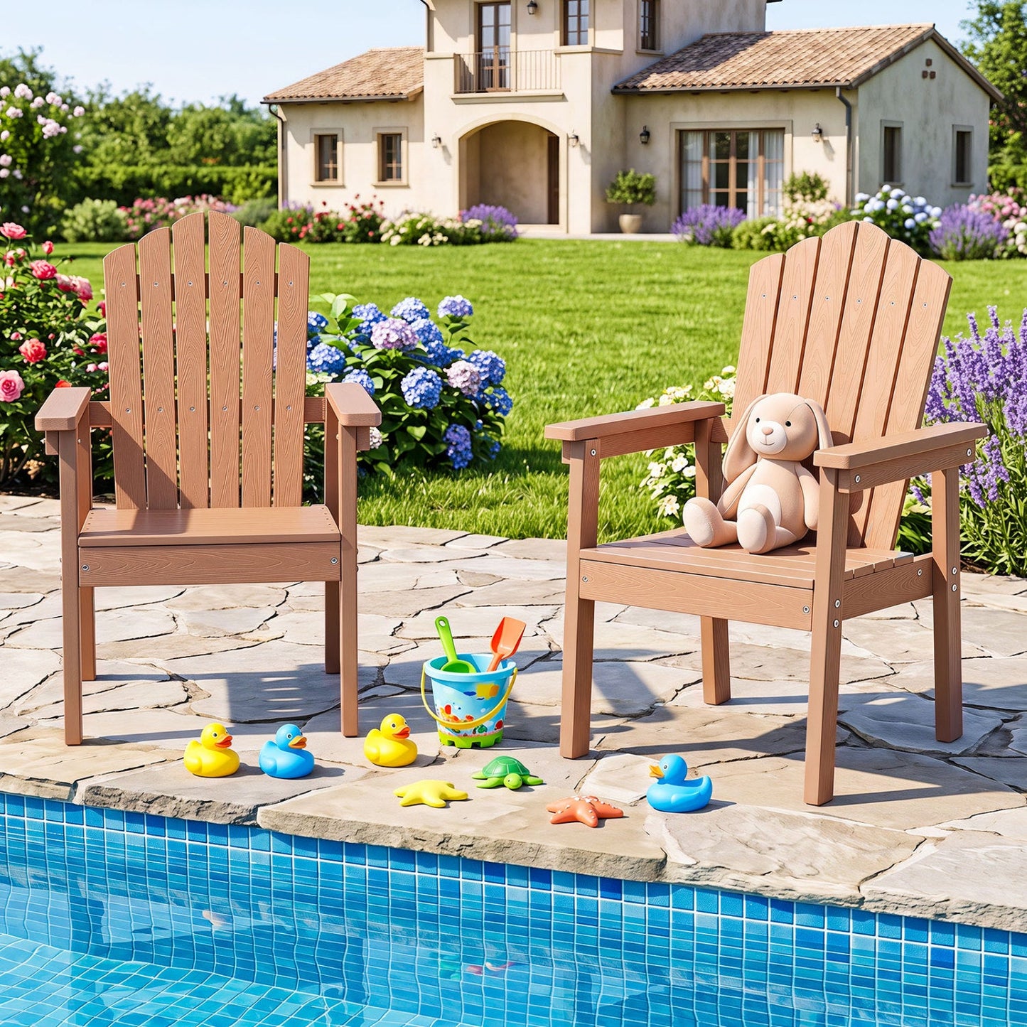 DirectDeals Adirondack chairs, brown wood, backrests and wide armrests, teddy bear on chair on Tampa Home & Garden Store