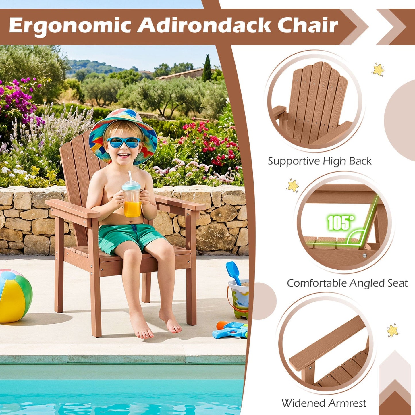 Adirondack Chair DirectDeals brown wood with high back and wide armrests, poolside scene on Tampa Home & Garden Store