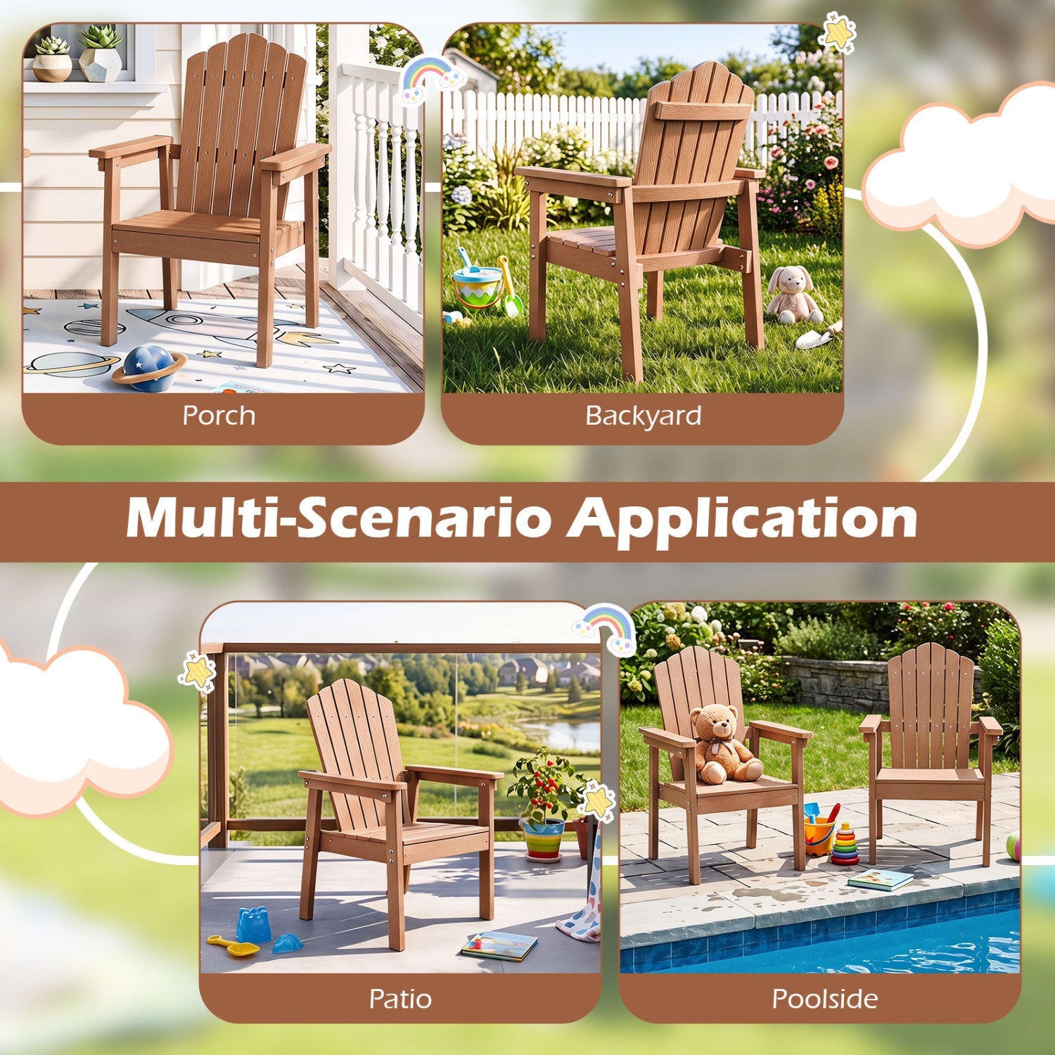 DirectDeals Adirondack Chair, brown wood outdoor furniture with high back and wide armrests on Tampa Home & Garden Store