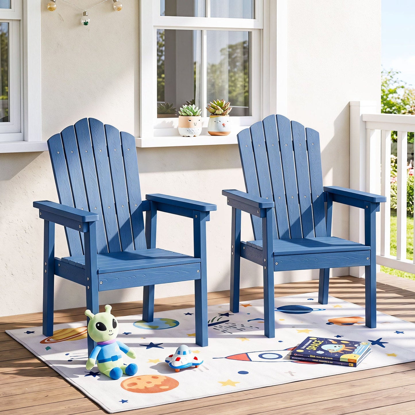 Adirondack Chair blue high back with wide armrests, DirectDeals brand, set of 2 on porch on Tampa Home & Garden Store