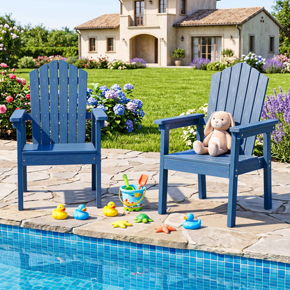 Two blue Adirondack Chairs by DirectDeals with high backrests and wide armrests on Tampa Home & Garden Store