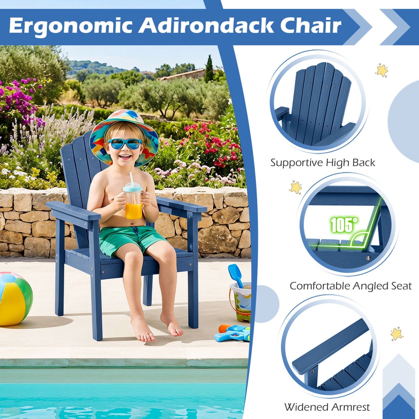 DirectDeals Adirondack Chair blue outdoor high-back with wide armrests for patio on Tampa Home & Garden Store