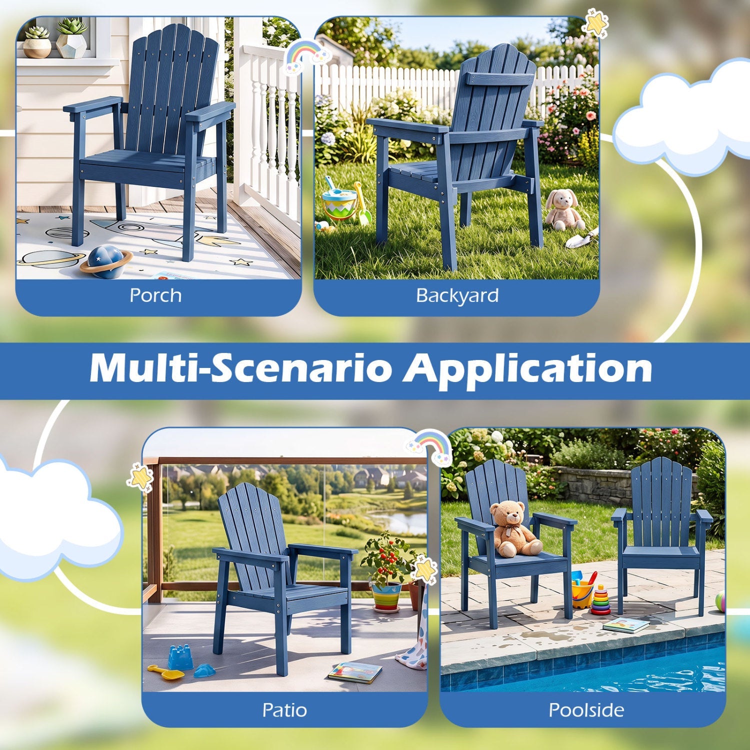 Adirondack Chair by DirectDeals in blue with high backrest and wide arms, shown in porch on Tampa Home & Garden Store