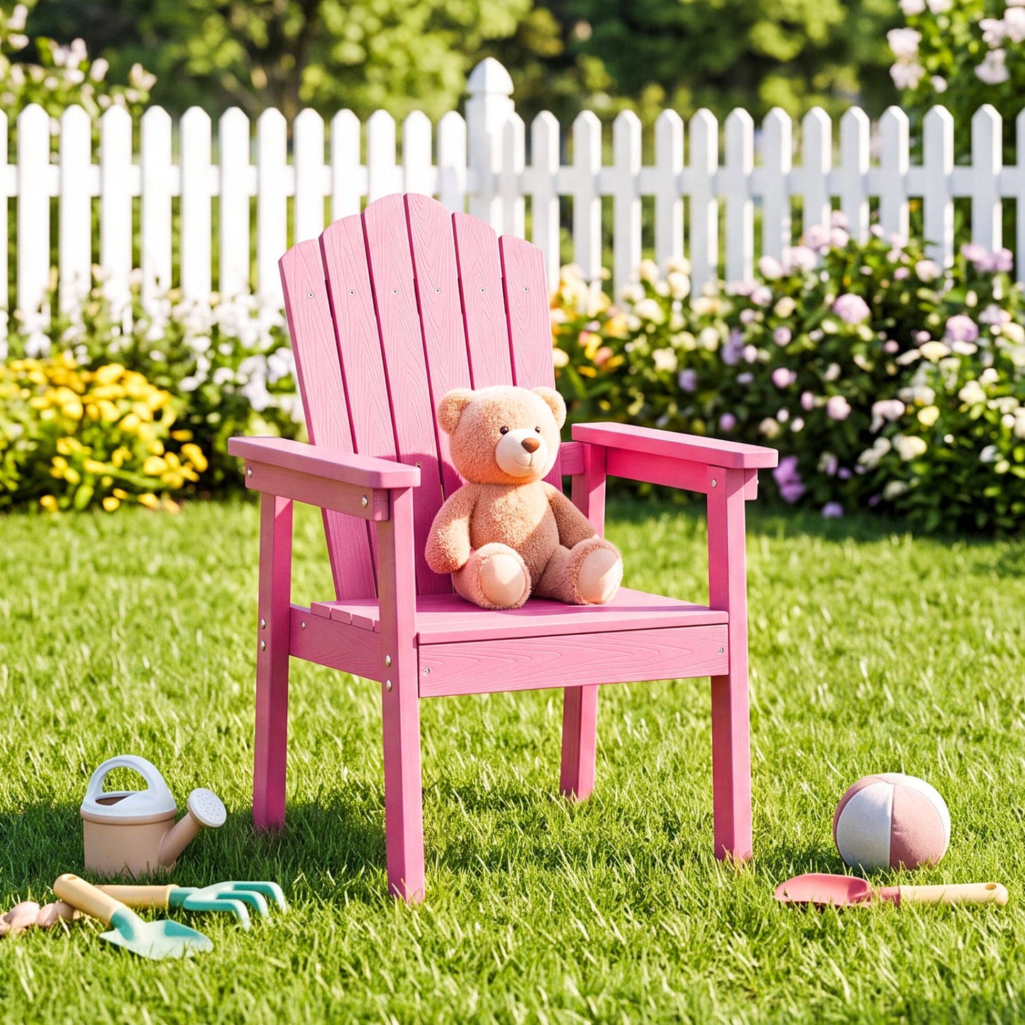 Adirondack chair DirectDeals pink with high back and wide arms, teddy bear sits in sunny garden on Tampa Home & Garden Store