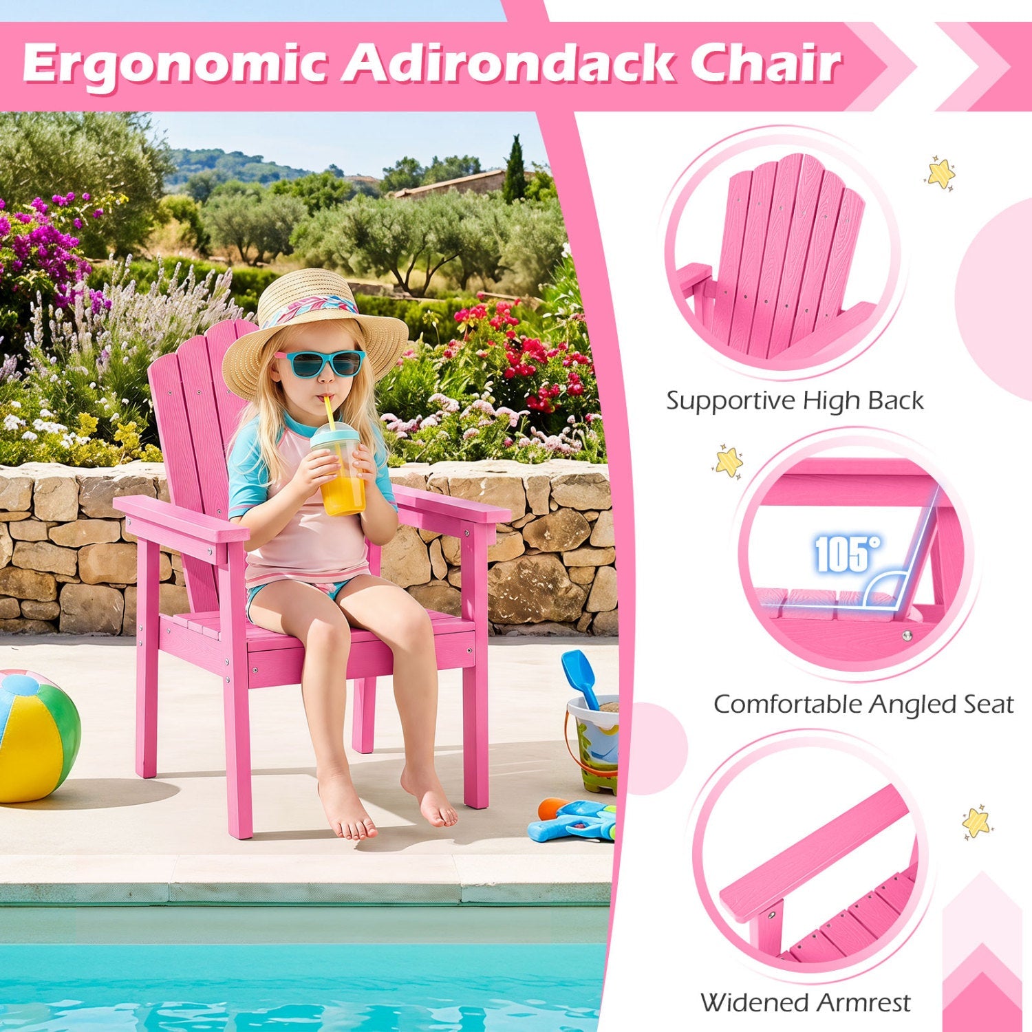 Adirondack Chair pink plastic by DirectDeals with high backrest and wide armrests poolside on Tampa Home & Garden Store