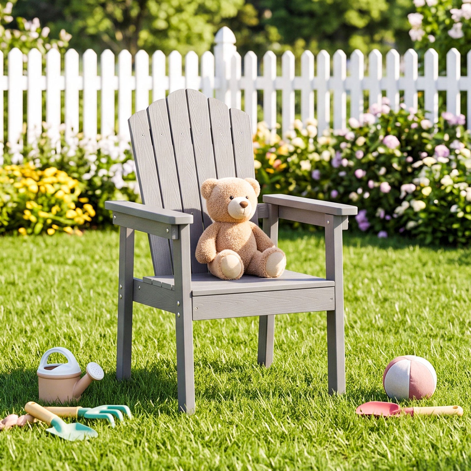 Adirondack Chair gray wood with high backrest and wide armrests teddy bear on chair on Tampa Home & Garden Store