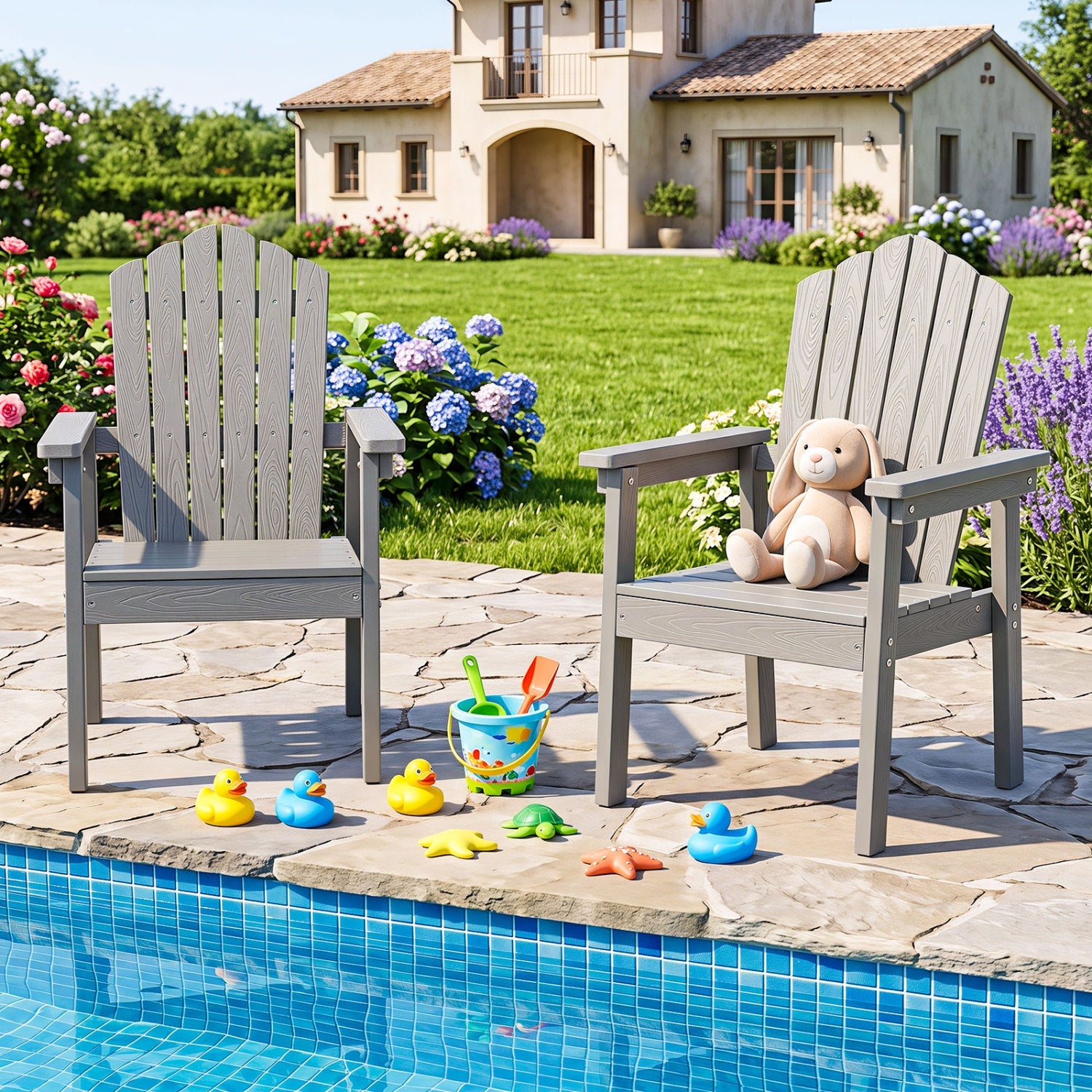 DirectDeals Adirondack chairs by pool; two gray high-back, wide-arm chairs with a teddy on one on Tampa Home & Garden Store