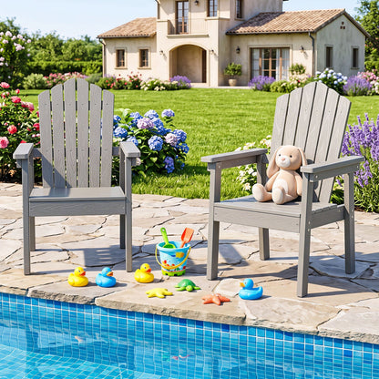 DirectDeals Adirondack chairs by pool; two gray high-back, wide-arm chairs with a teddy on one on Tampa Home & Garden Store