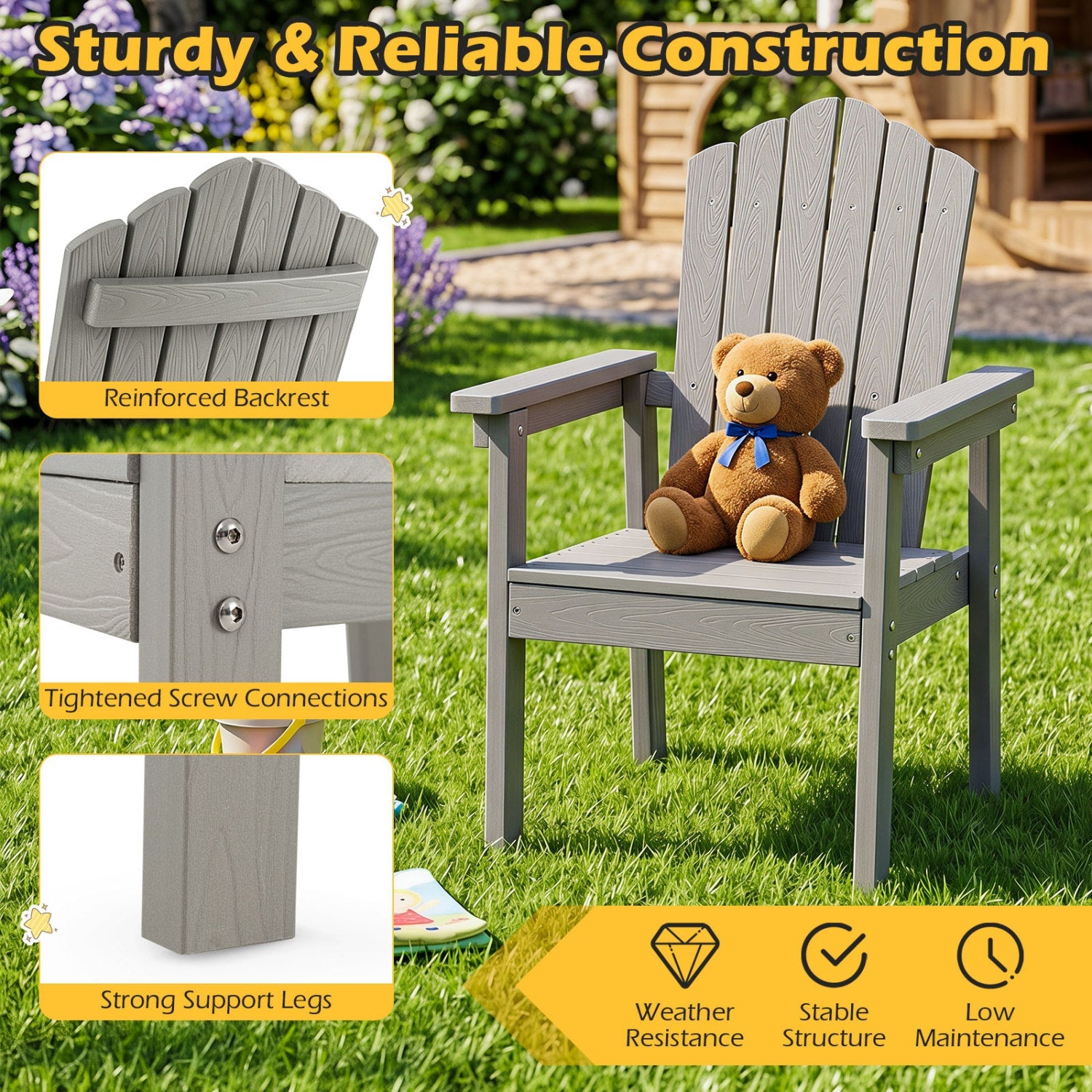 DirectDeals Adirondack Chair with high backrest and wide armrests in gray wood grain on Tampa Home & Garden Store
