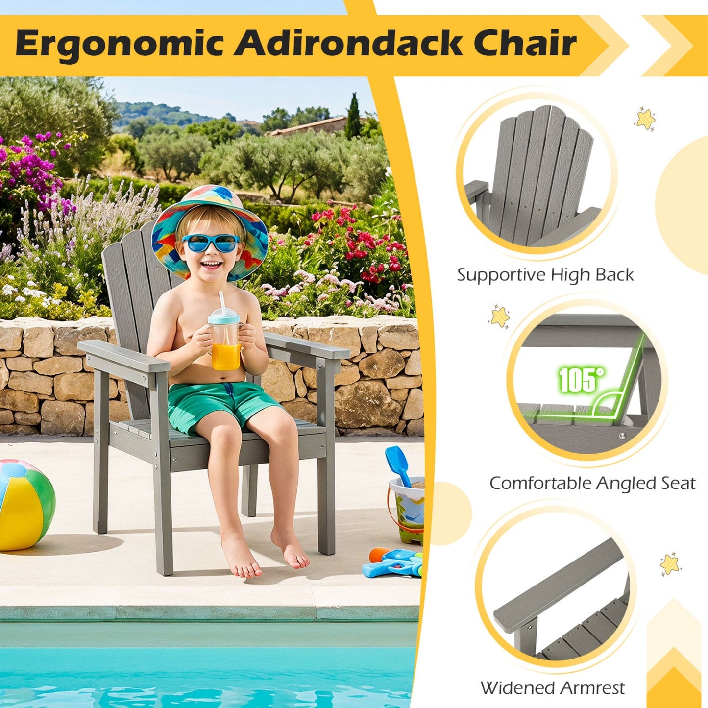 DirectDeals Adirondack Chair with high back and wide arms, gray outdoor lounge chair on Tampa Home & Garden Store