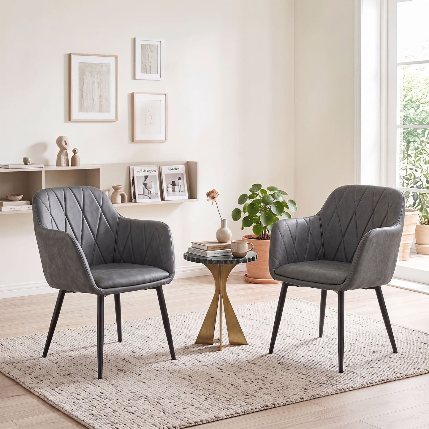 Upholstered dining chairs set of 2 in gray with curved quilted backs and black legs DirectDeals on Tampa Home & Garden Store