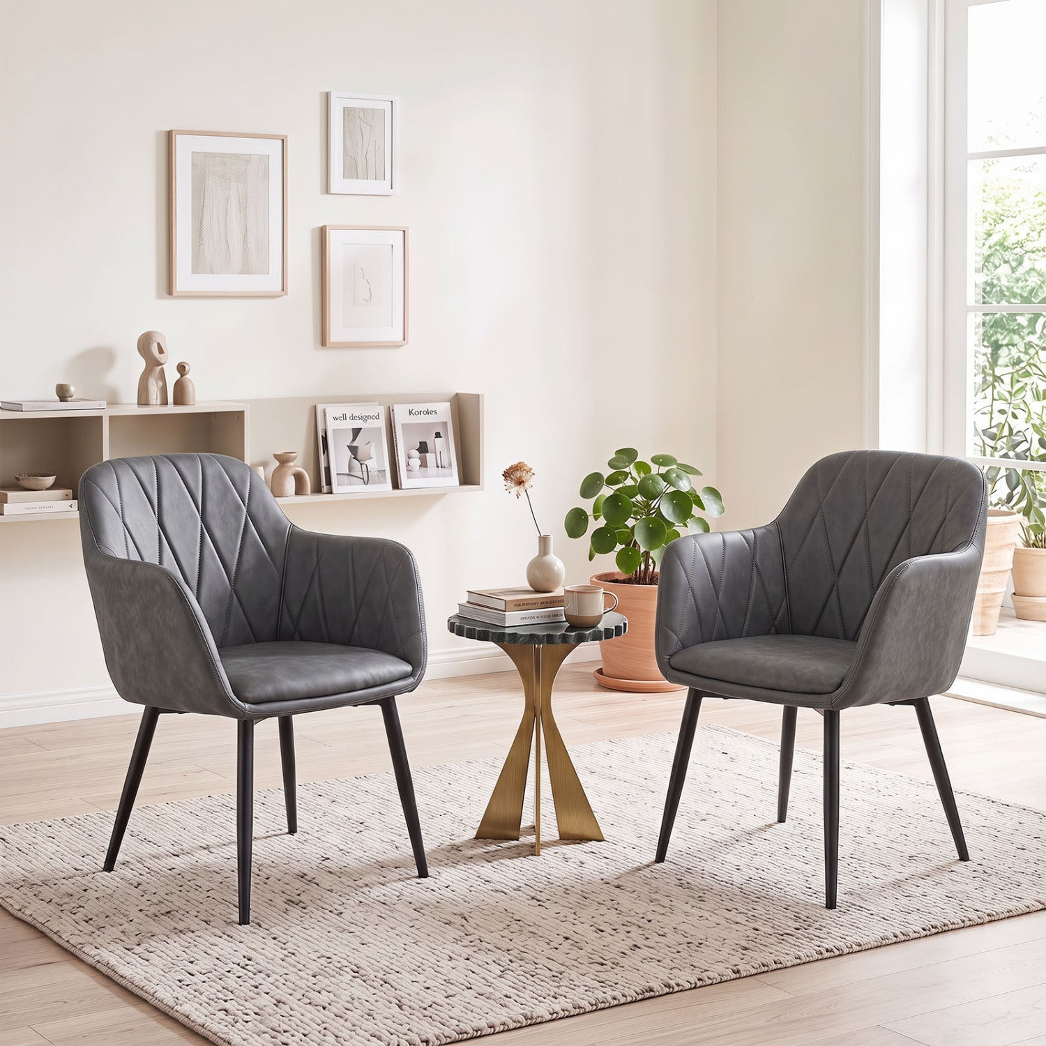 Upholstered dining chairs set of 2 in gray with curved quilted backs and black legs DirectDeals on Tampa Home & Garden Store