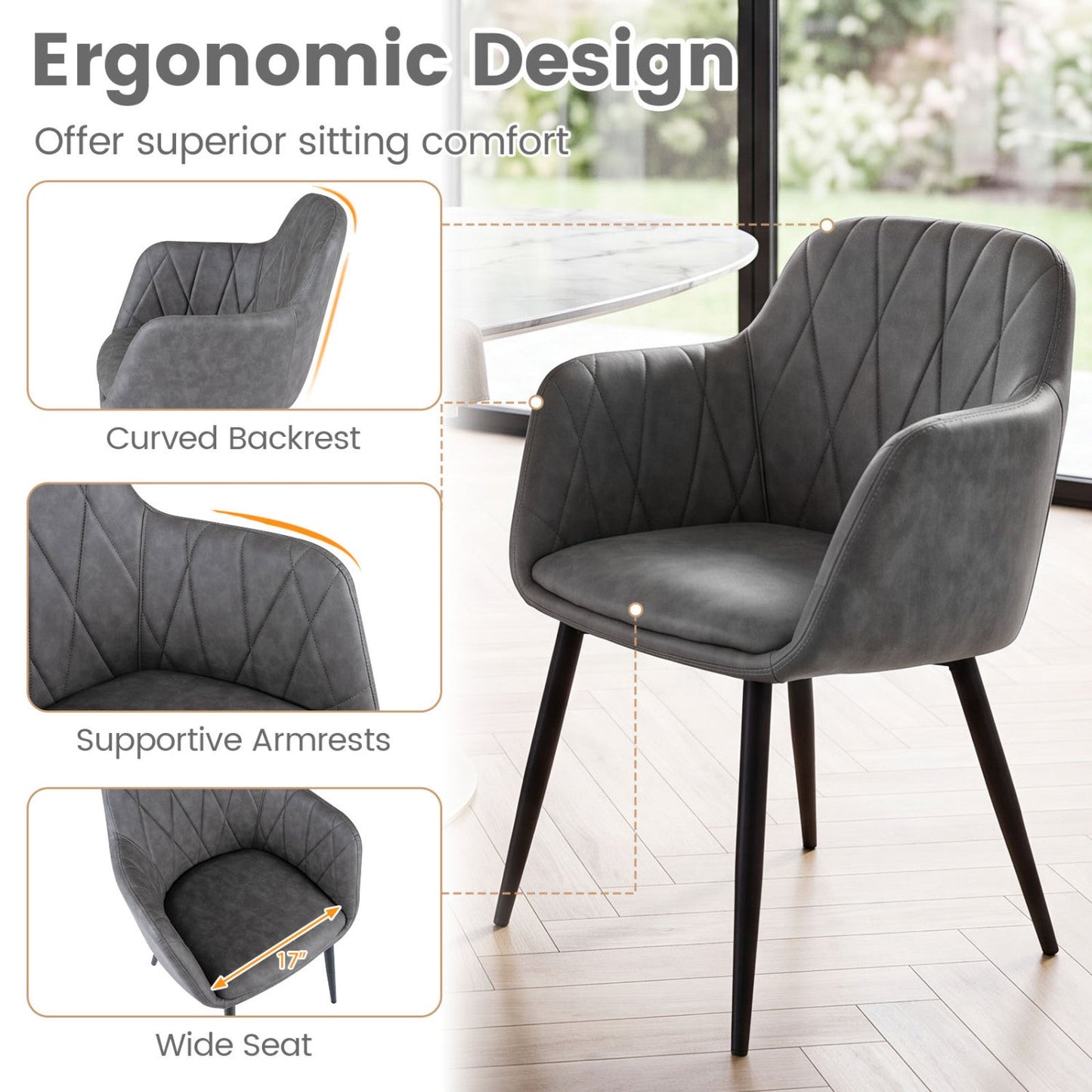 DirectDeals Dining Chairs 2-pack with curved back, gray faux leather, diamond stitching on Tampa Home & Garden Store
