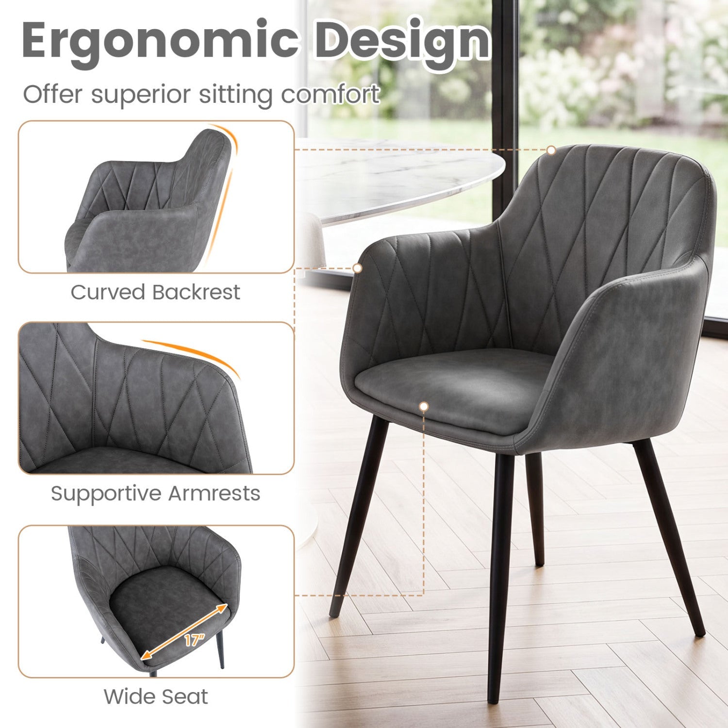 DirectDeals Dining Chairs 2-pack with curved back, gray faux leather, diamond stitching on Tampa Home & Garden Store