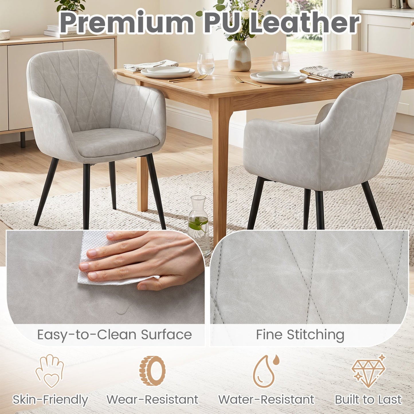 Upholstered dining chairs set of 2 in grey PU leather with curved backs and black legs on Tampa Home & Garden Store