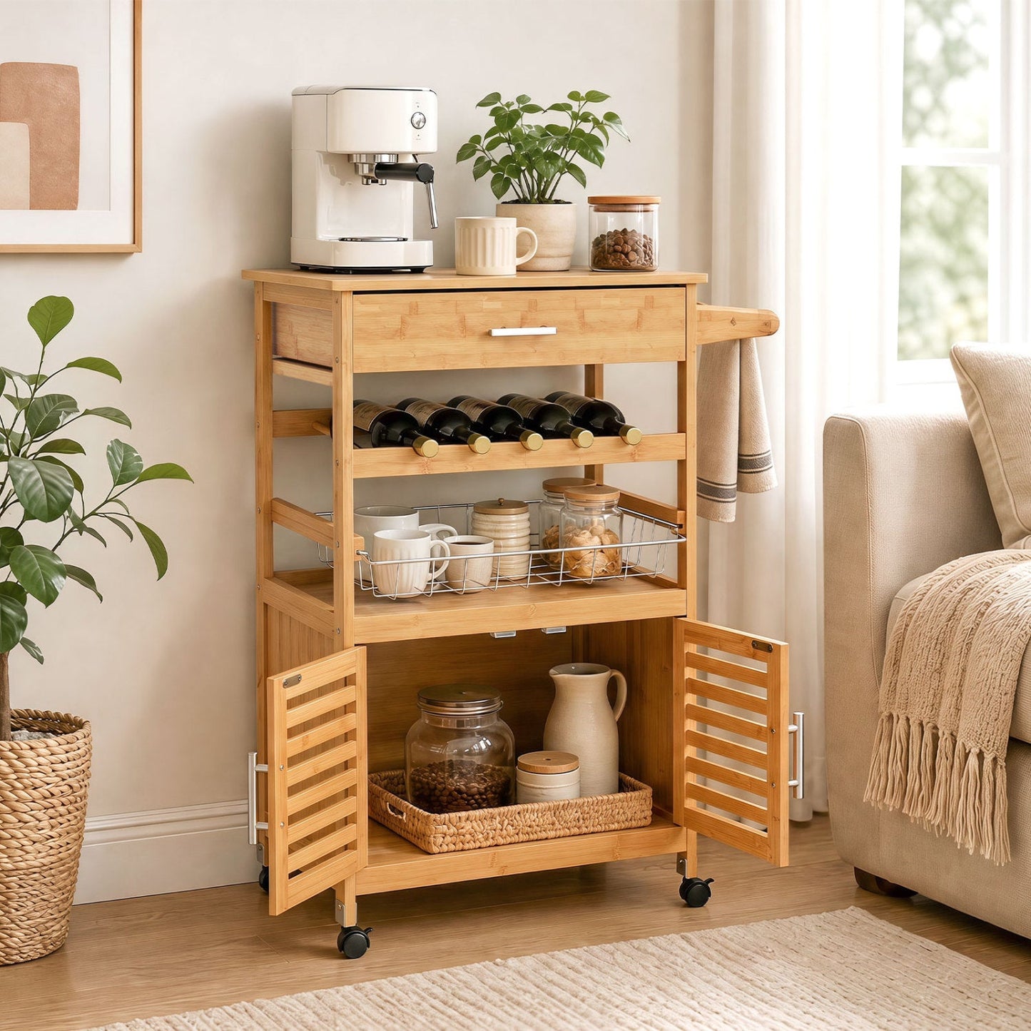 Rolling Kitchen Island Cart by DirectDeals in natural bamboo with wine rack for 6 bottles on Tampa Home & Garden Store