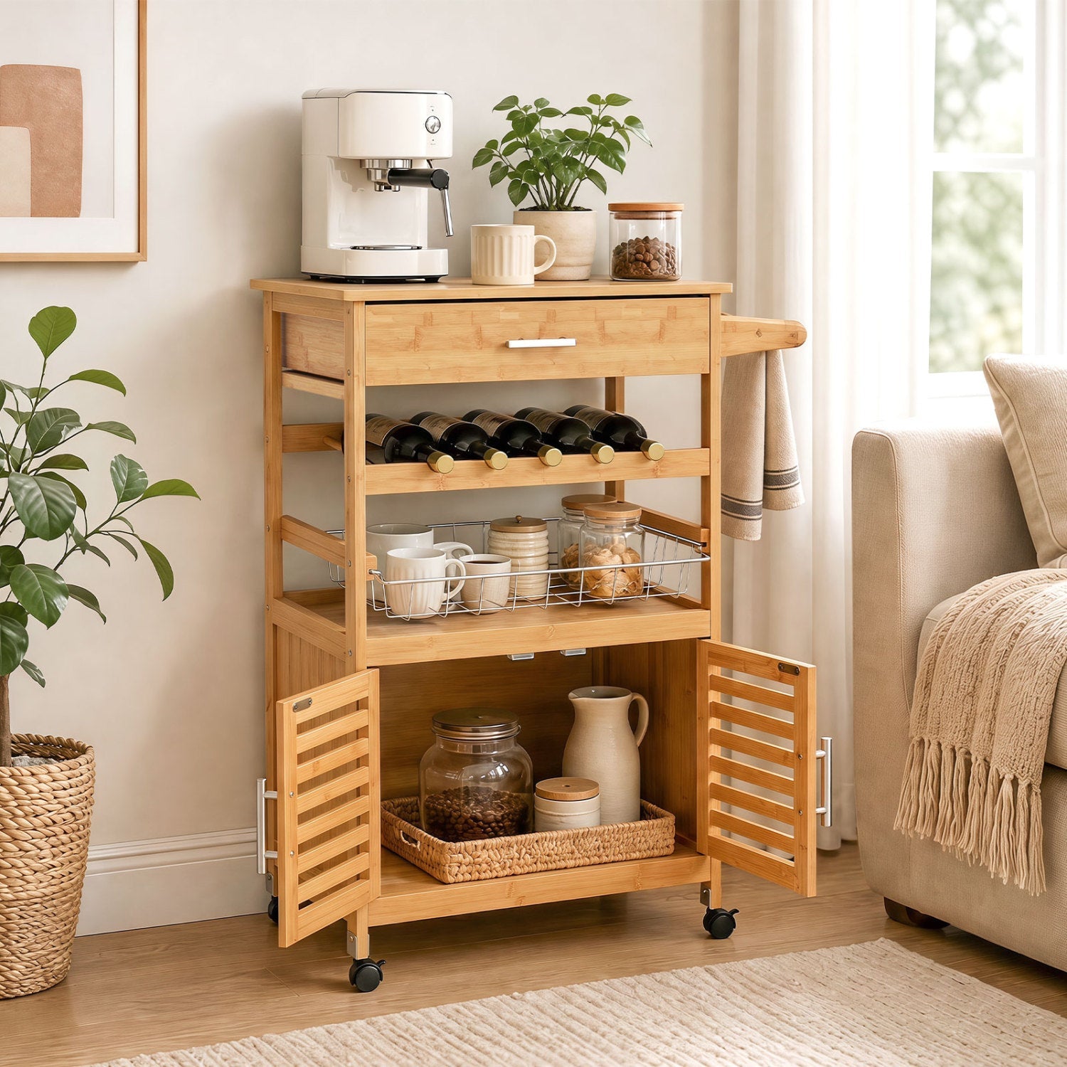 Rolling Kitchen Island Cart by DirectDeals in natural bamboo with wine rack for 6 bottles on Tampa Home & Garden Store