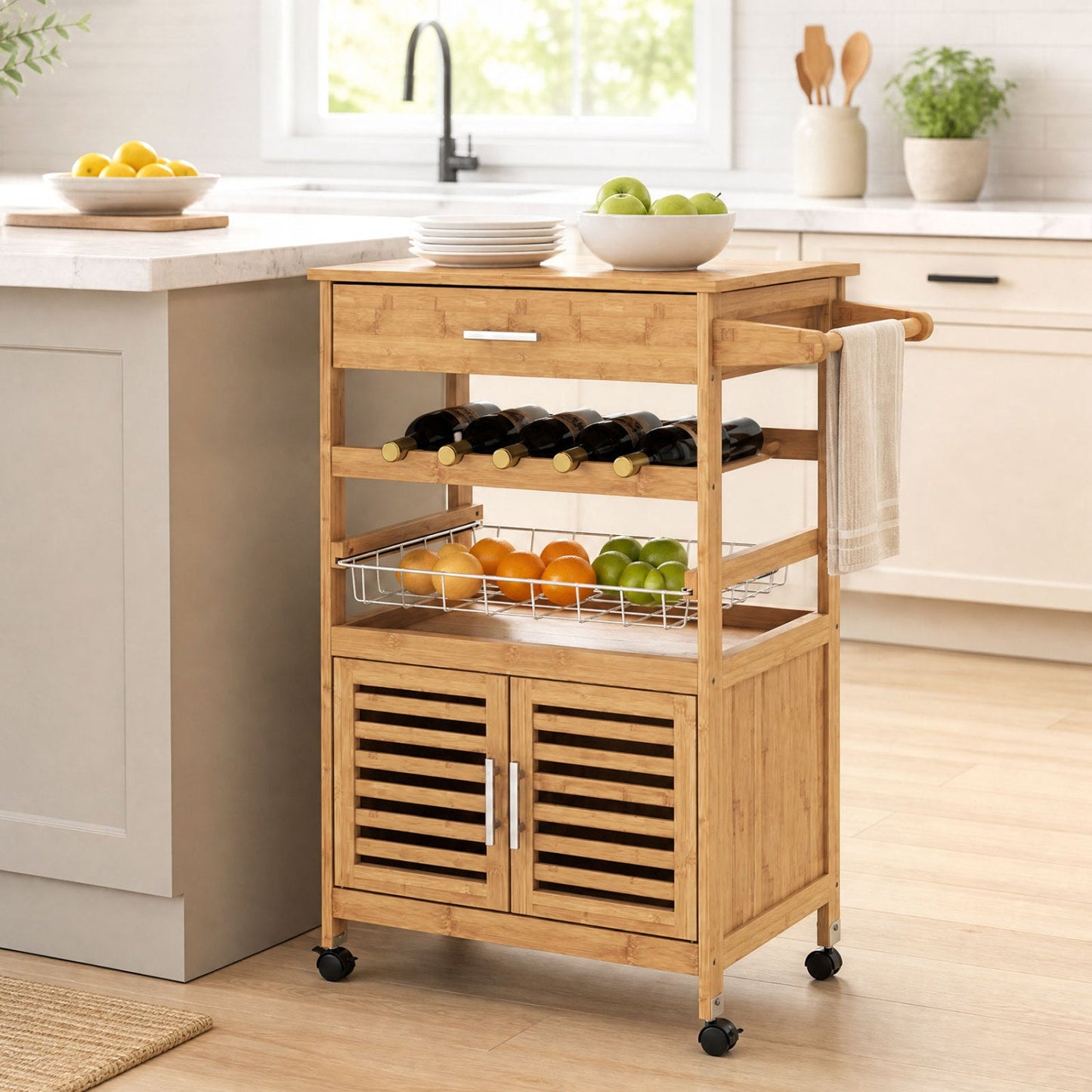Rolling Kitchen Island Cart with Wine Rack and Storage, natural wood, 6-bottle rack, towel bar on Tampa Home & Garden Store