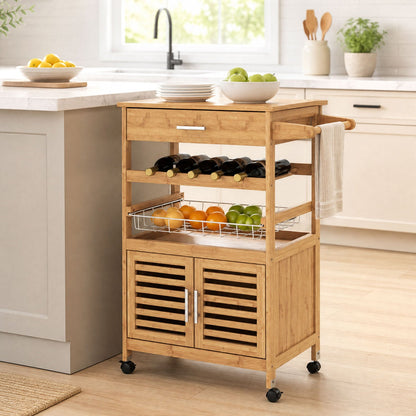 Rolling Kitchen Island Cart with Wine Rack and Storage, natural wood, 6-bottle rack, towel bar on Tampa Home & Garden Store