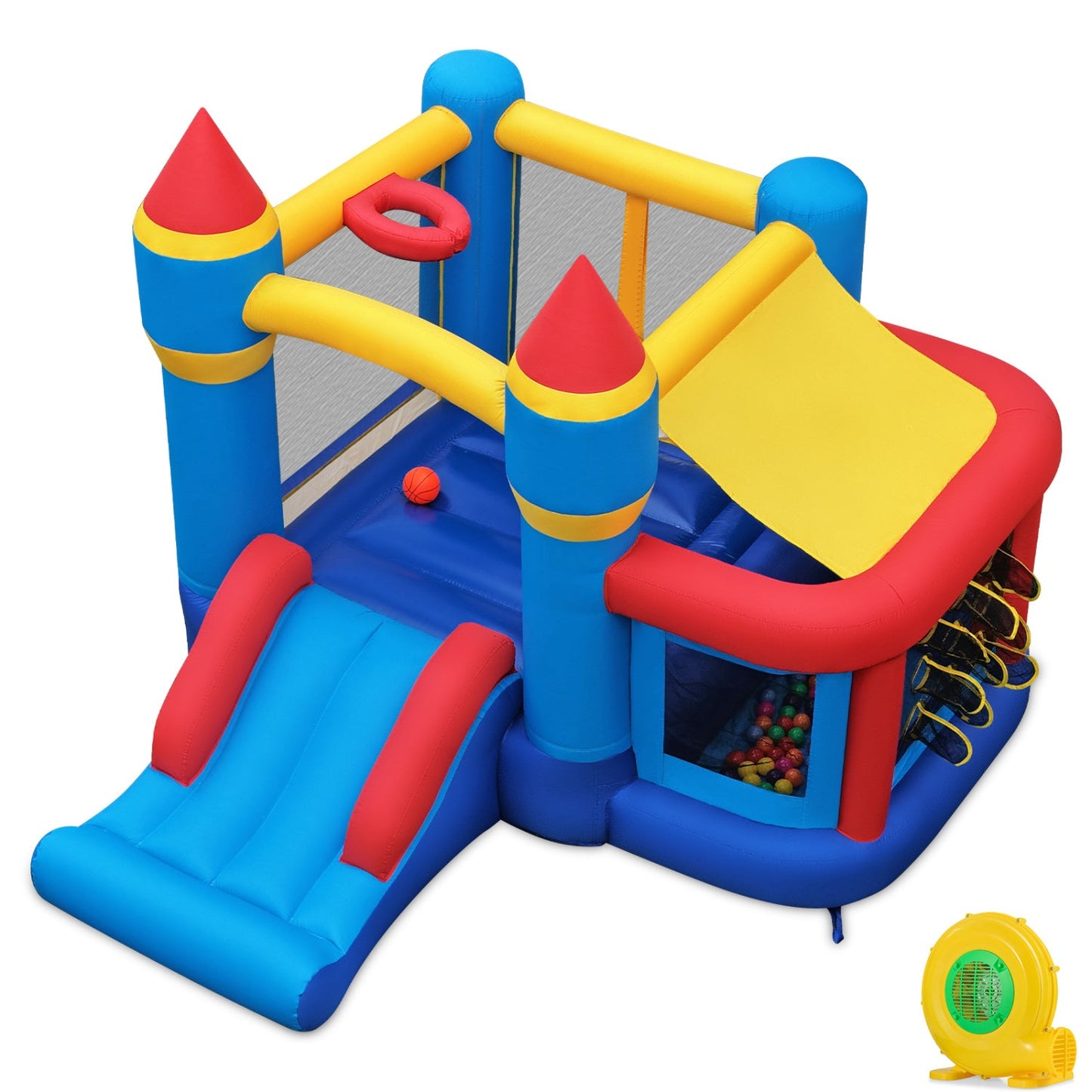 Inflatable bounce house DirectDeals with slide, ball pit & basketball hoop in blue yellow red on Tampa Home & Garden Store