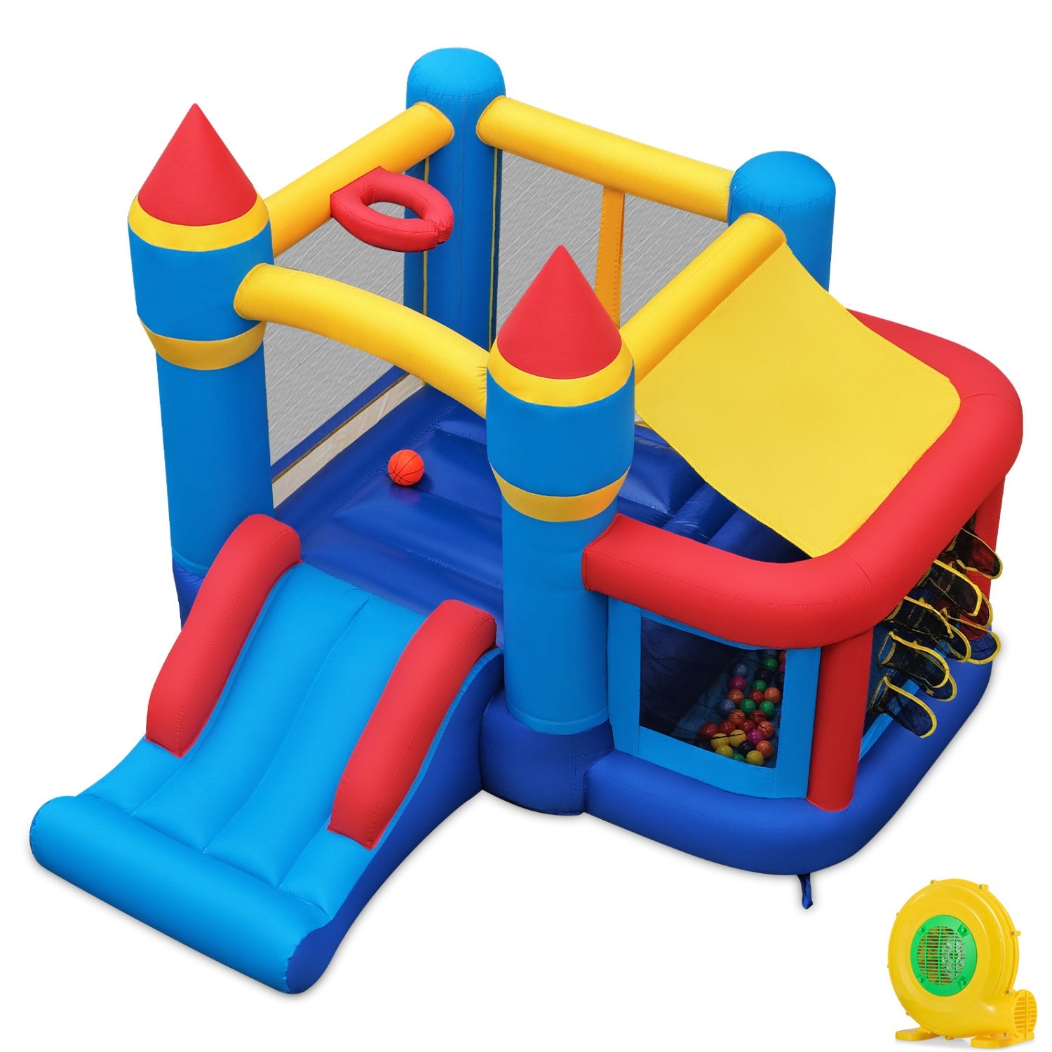 Inflatable bounce house DirectDeals with slide, ball pit & basketball hoop in blue yellow red on Tampa Home & Garden Store