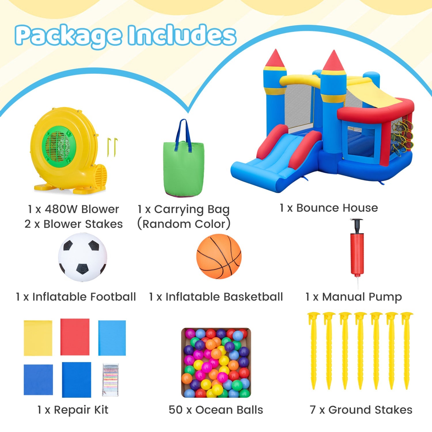 Bounce House with slide, ball pit & basketball hoop; DirectDeals 1x 480W blower, 2x stakes on Tampa Home & Garden Store