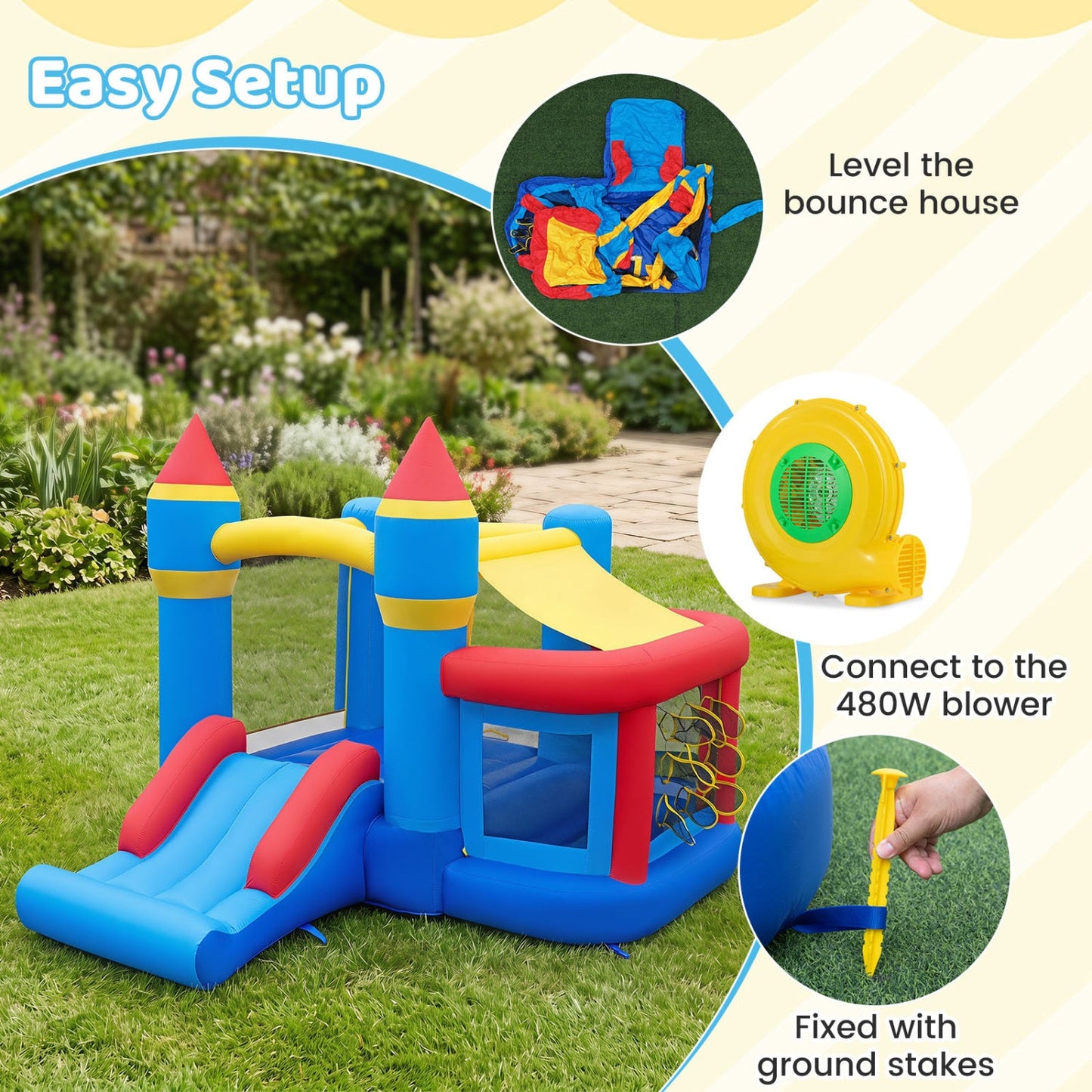 Inflatable bounce house with slide, ball pit and hoop in blue and yellow by DirectDeals on Tampa Home & Garden Store