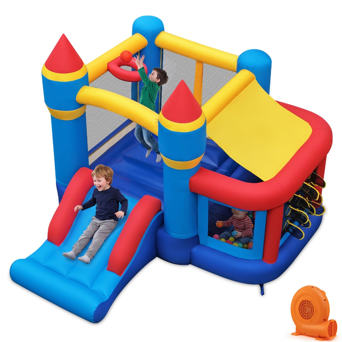 Inflatable Bounce House with Slide, Ball Pit & 550W Blower by DirectDeals, blue yellow red on Tampa Home & Garden Store
