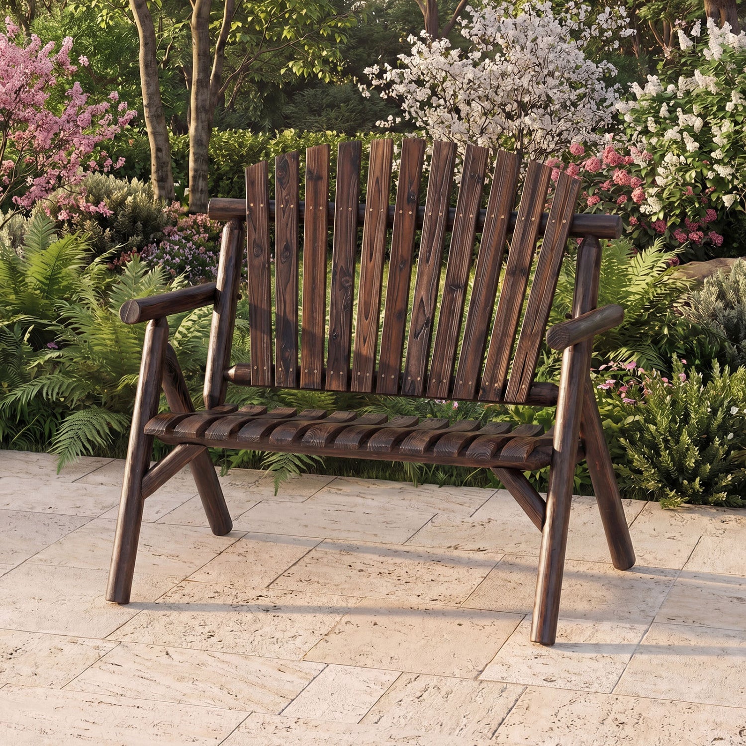 2-Person log wood outdoor bench with slatted backrest in dark stain DirectDeals on Tampa Home & Garden Store