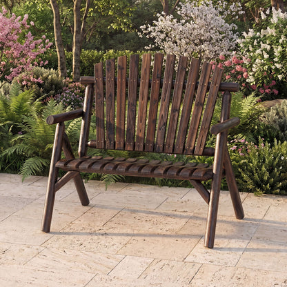 2-Person log wood outdoor bench with slatted backrest in dark stain DirectDeals on Tampa Home & Garden Store
