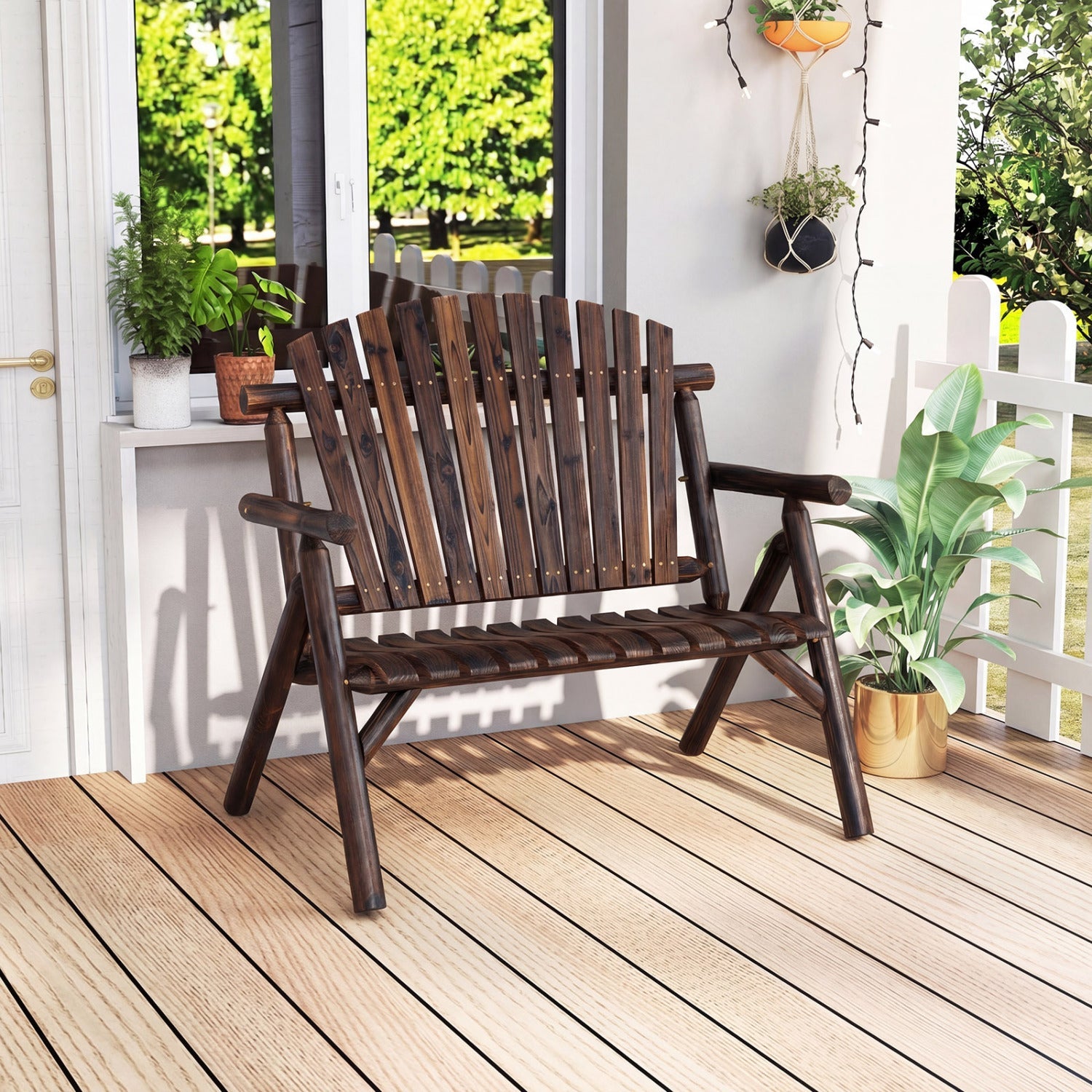 2-Person Log Wood Patio Bench with Slatted Backrest DirectDeals dark brown outdoor seating on Tampa Home & Garden Store