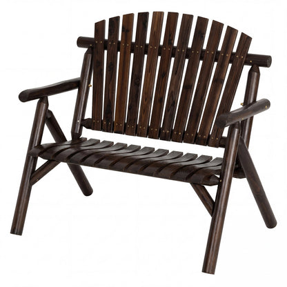 2-person log wood outdoor bench with slatted back and seat in dark stain on Tampa Home & Garden Store