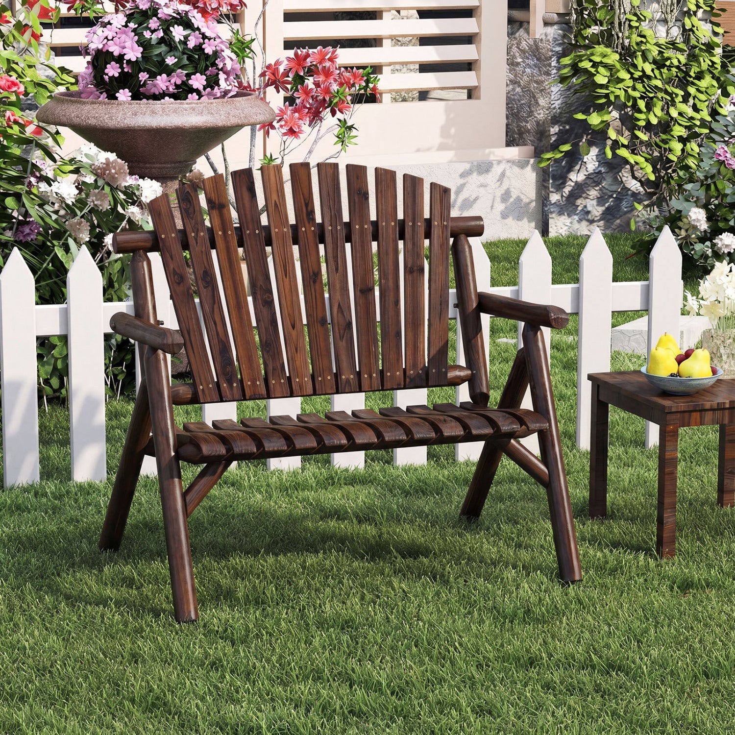 2-Person Log Wood Patio Bench with Slatted Backrest DirectDeals dark-stained outdoor bench on Tampa Home & Garden Store