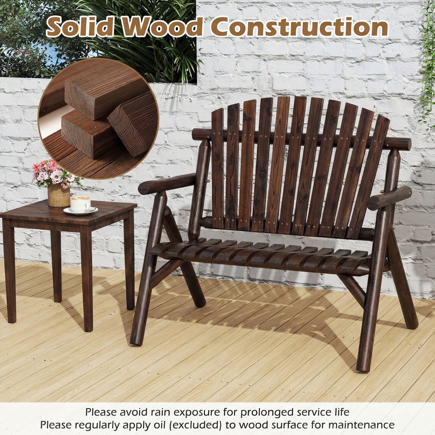 2-person log wood outdoor patio bench with slatted backrest in dark brown DirectDeals on Tampa Home & Garden Store