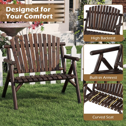 2-Person log wood patio bench with slatted backrest in dark brown outdoor bench for backyard use on Tampa Home & Garden Store