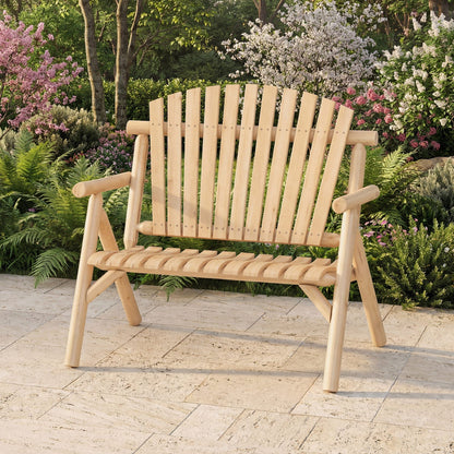 2-Person Log Wood Outdoor Bench with Slatted Backrest by DirectDeals, natural wood on Tampa Home & Garden Store