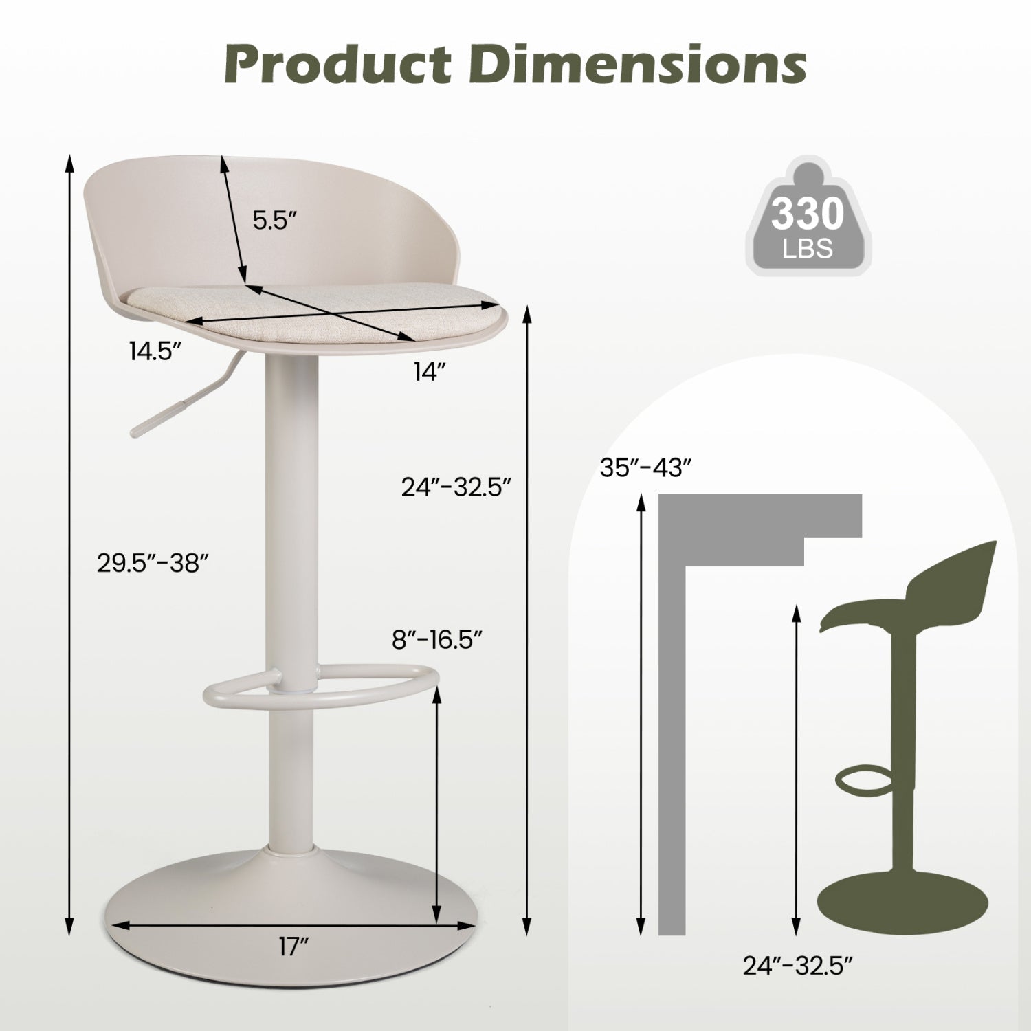 Bar stools by DirectDeals adjustable swivel with back and footrest, cream upholstery 2-pack on Tampa Home & Garden Store