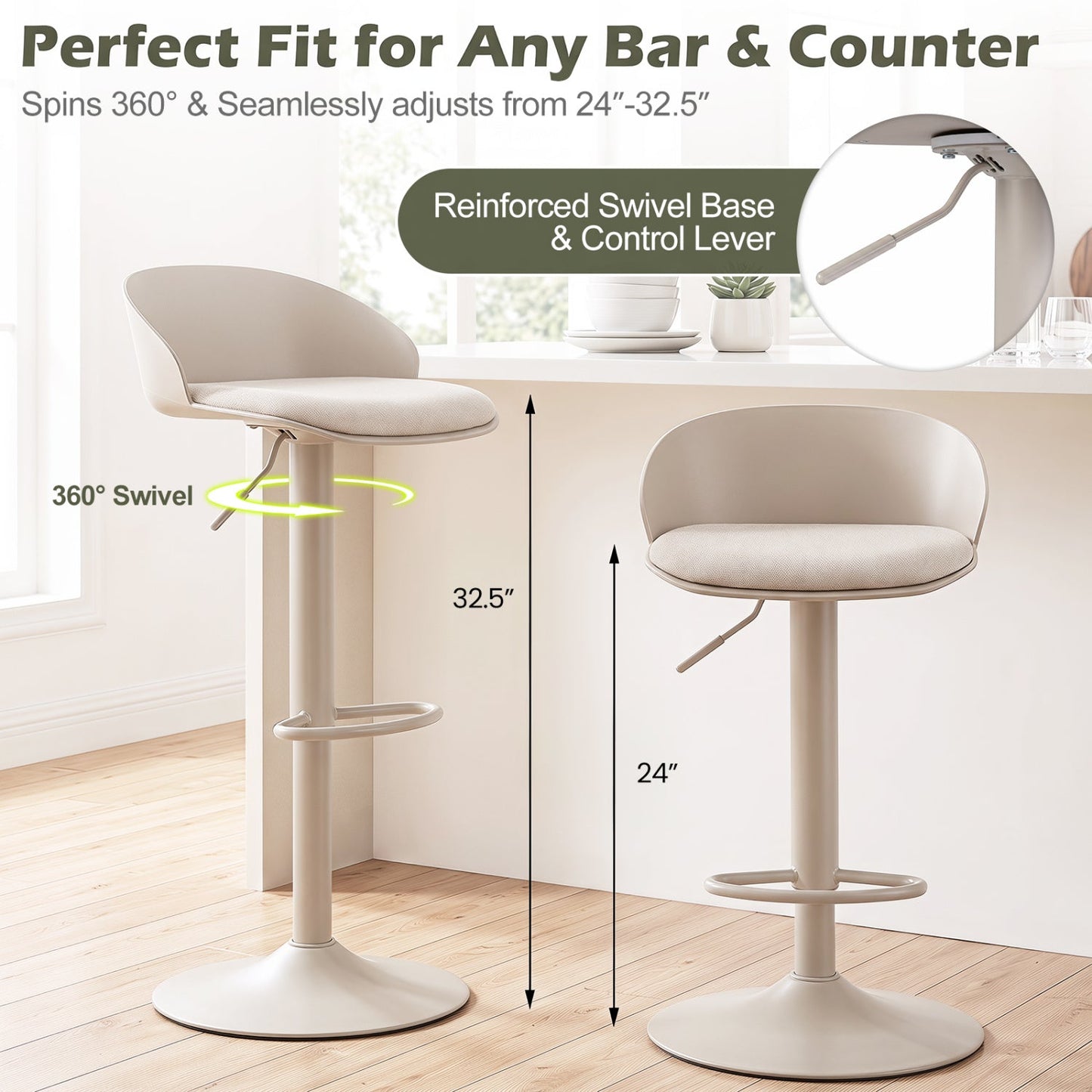 Adjustable Swivel Bar Stools DirectDeals set of 2 with back & footrest beige on Tampa Home & Garden Store