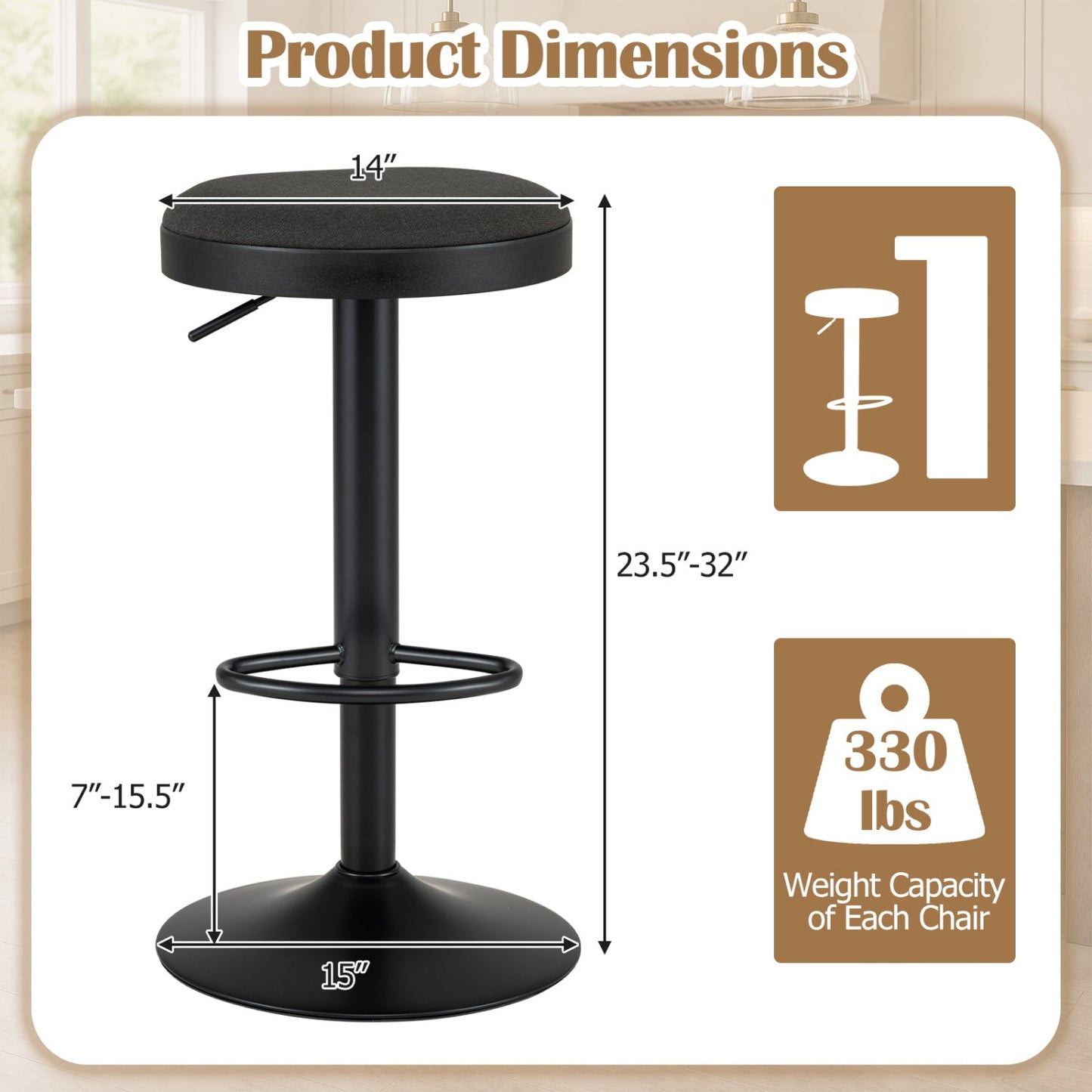 DirectDeals adjustable bar stool set of 2 with padded round seat, black pedestal base and footrest ring, height 23.5–32 in, seat 14 in on Tampa Home & Garden Store