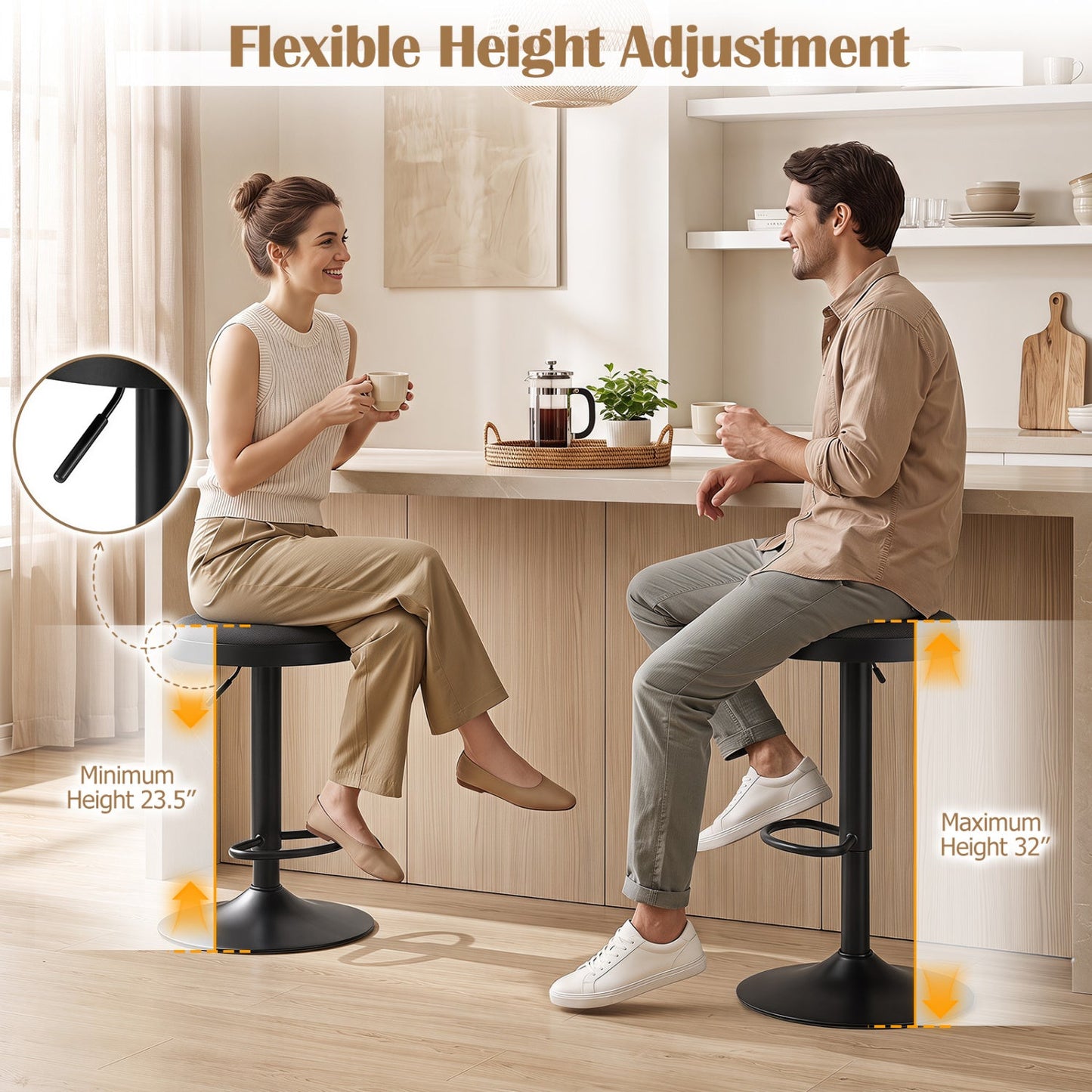 DirectDeals Adjustable Bar Stools, padded seats, black bases, set of 2, height 23.5–32 in on Tampa Home & Garden Store