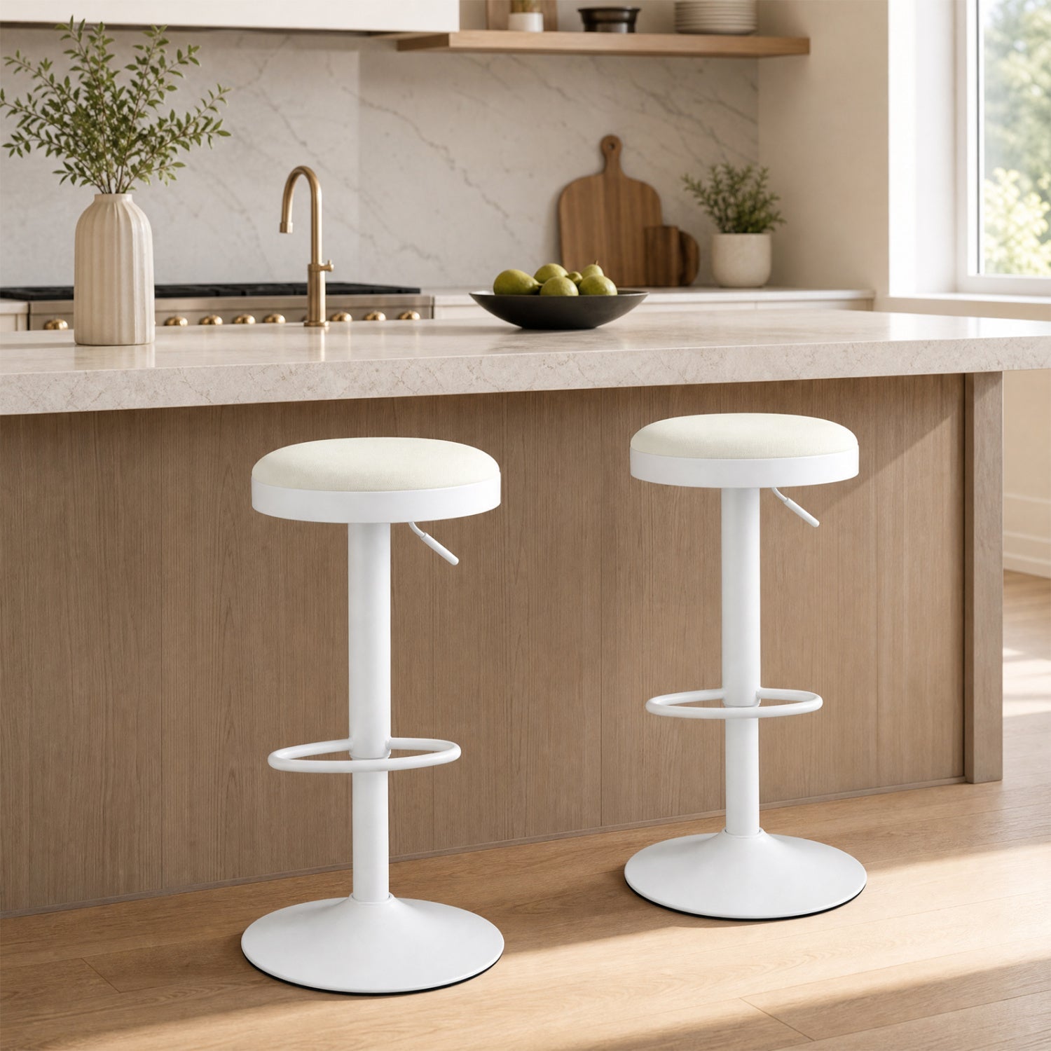 Adjustable bar stools set of 2 by DirectDeals with padded white seats and pedestal bases on Tampa Home & Garden Store