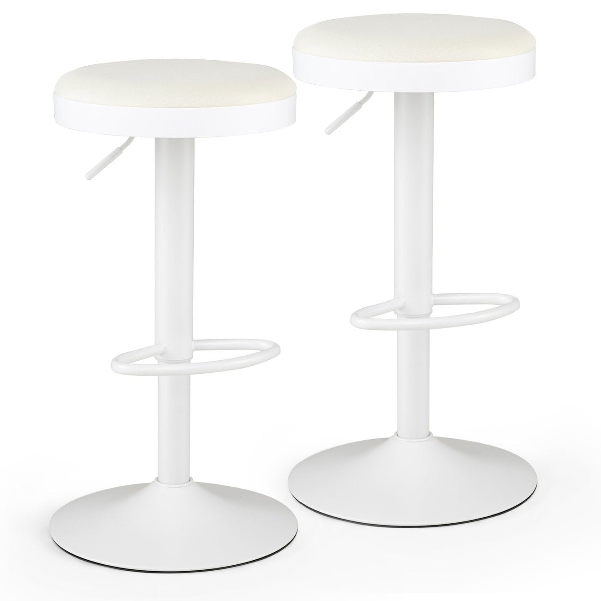 Adjustable bar stools set of 2 with padded beige seats, white metal frames and circular footrests DirectDeals on Tampa Home & Garden Store