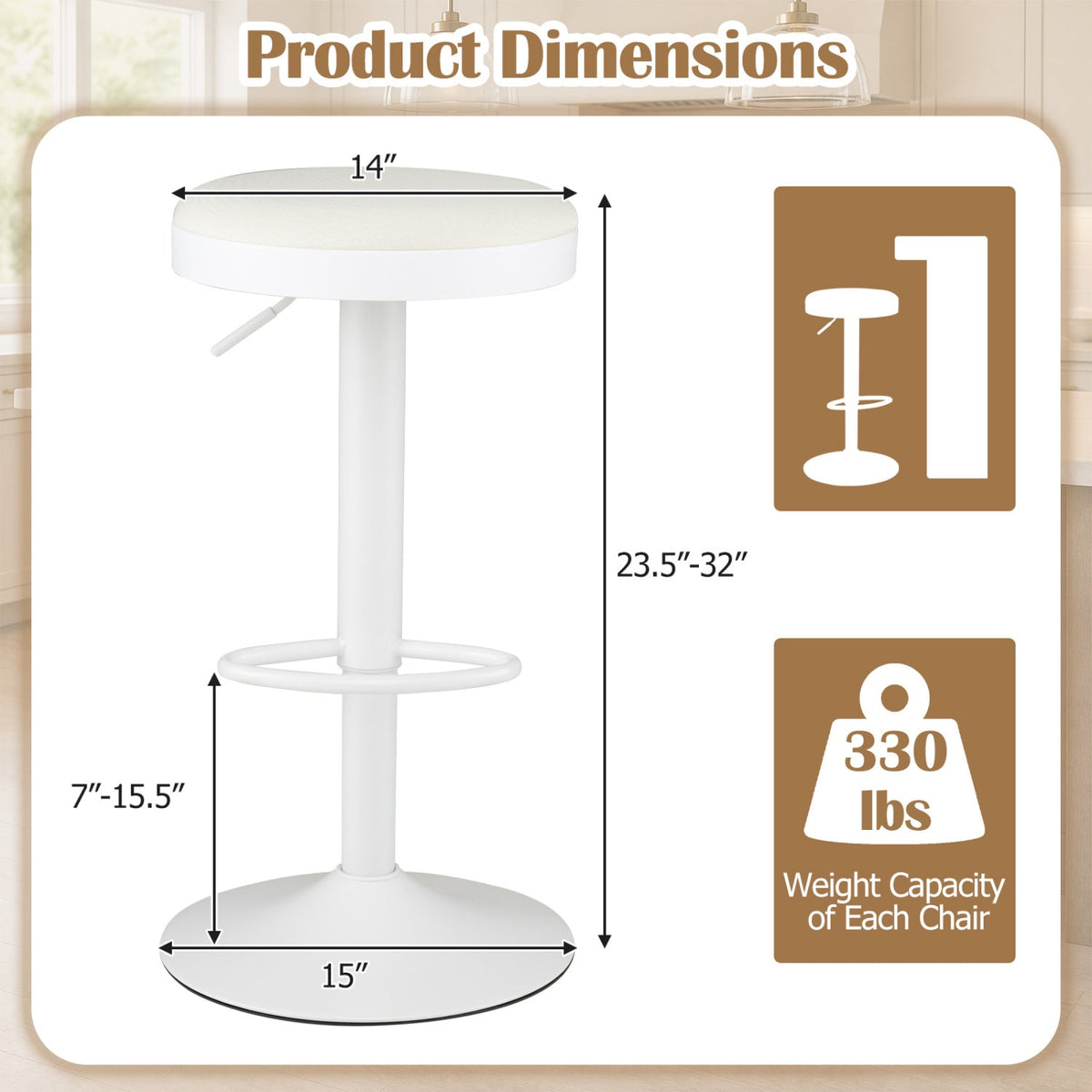 Bar stools set of 2 with padded white seats, adjustable height 23.5–32 in, DirectDeals on Tampa Home & Garden Store