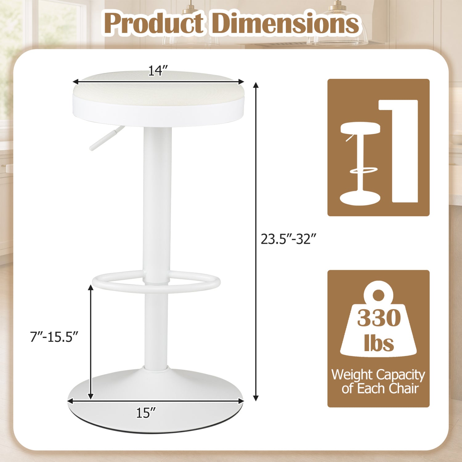 Bar stools set of 2 with padded white seats, adjustable height 23.5–32 in, DirectDeals on Tampa Home & Garden Store