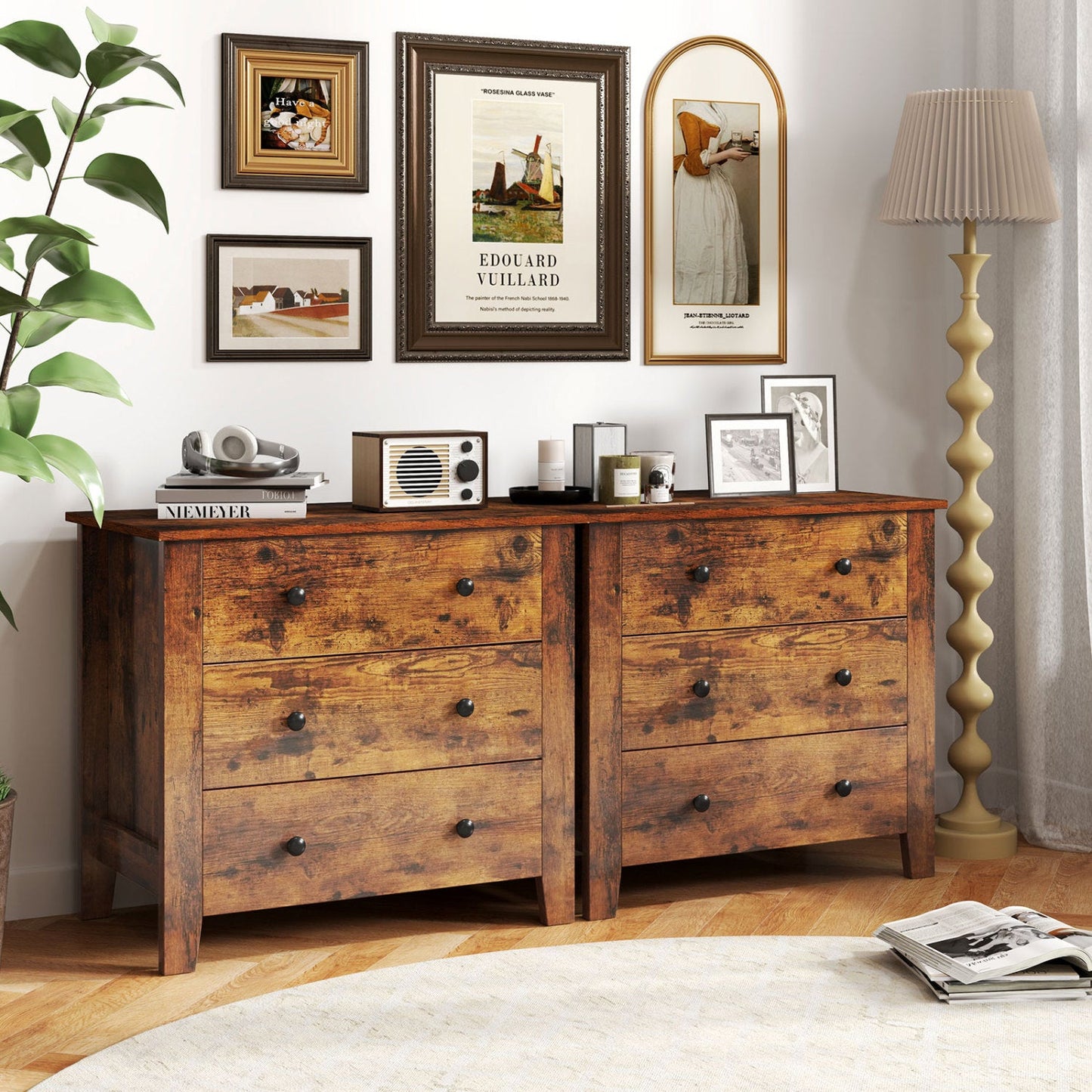 Pair of 3-drawer dressers with tapered legs in rustic brown wood DirectDeals on Tampa Home & Garden Store