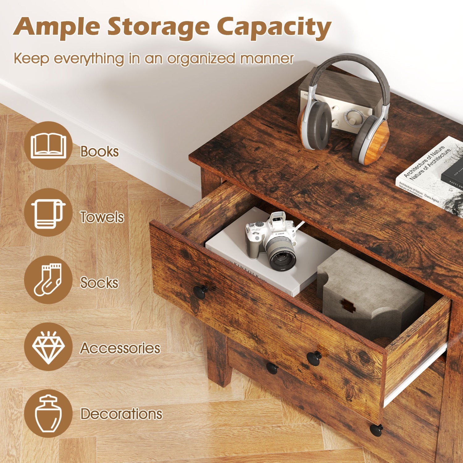 3-Drawer Dresser with Tapered Legs in rustic brown by DirectDeals, wooden storage furniture on Tampa Home & Garden Store