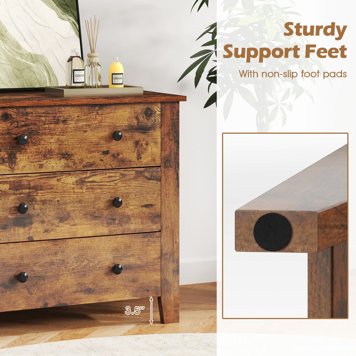 3-Drawer Dresser with Tapered Legs in rustic brown wood with black round knobs on Tampa Home & Garden Store
